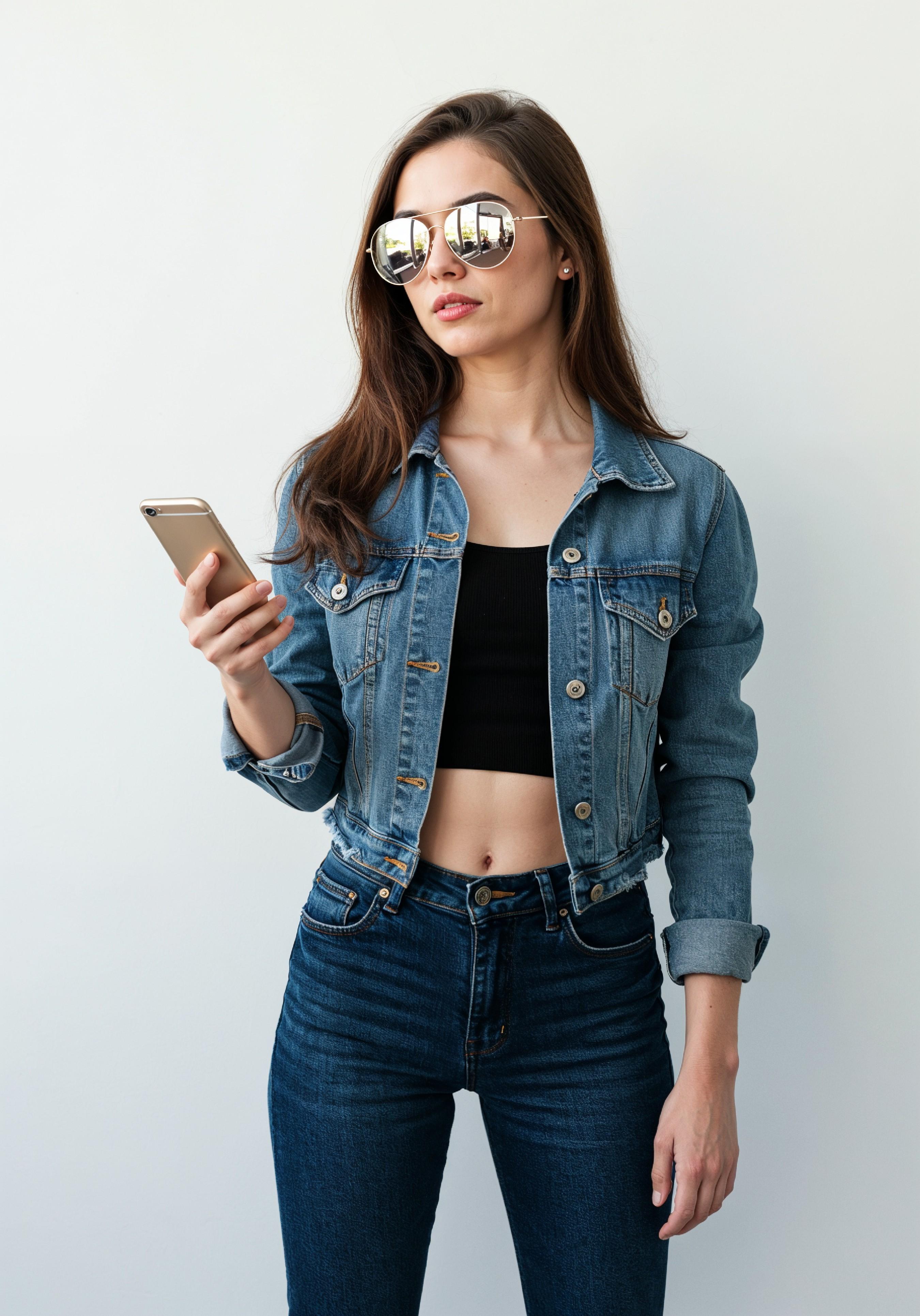 Stylish Young Woman in Denim Jacket and Jeans Casual Street Fashion Portrait