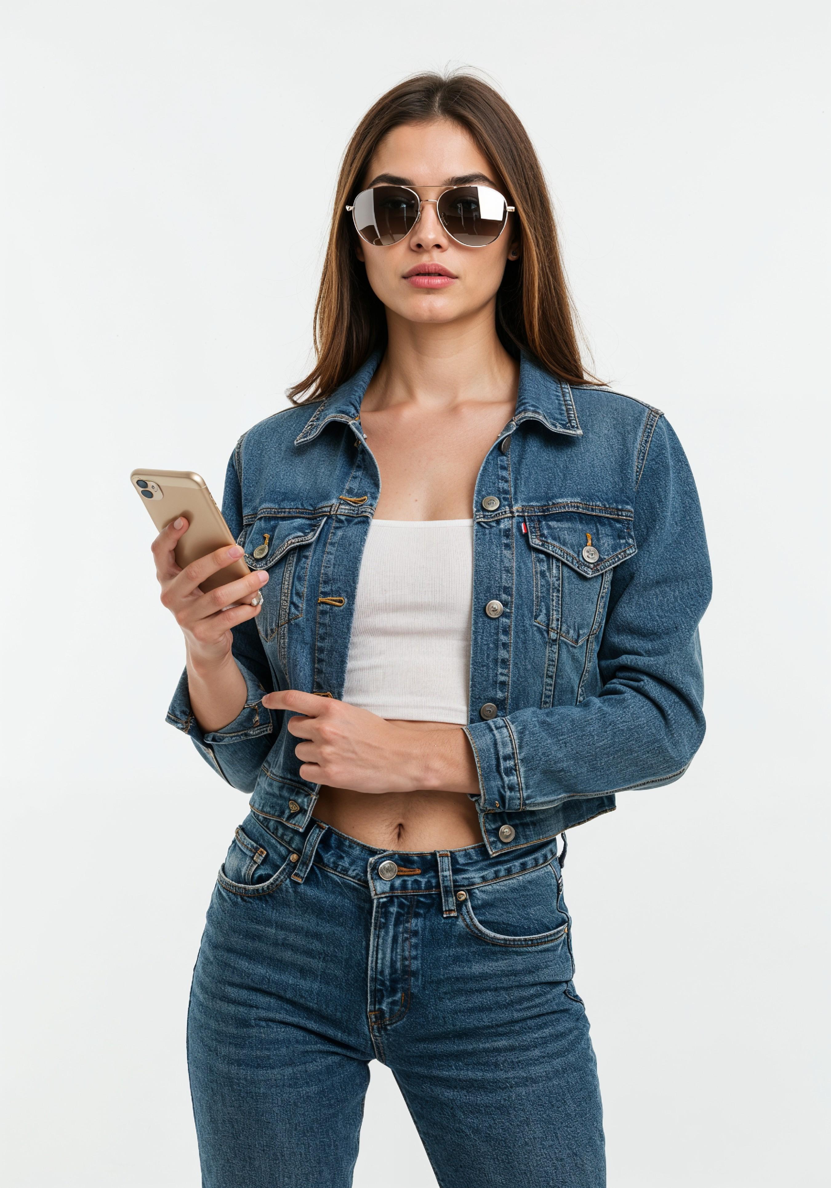 Stylish Young Woman in Denim Jacket and Jeans Casual Street Fashion Portrait