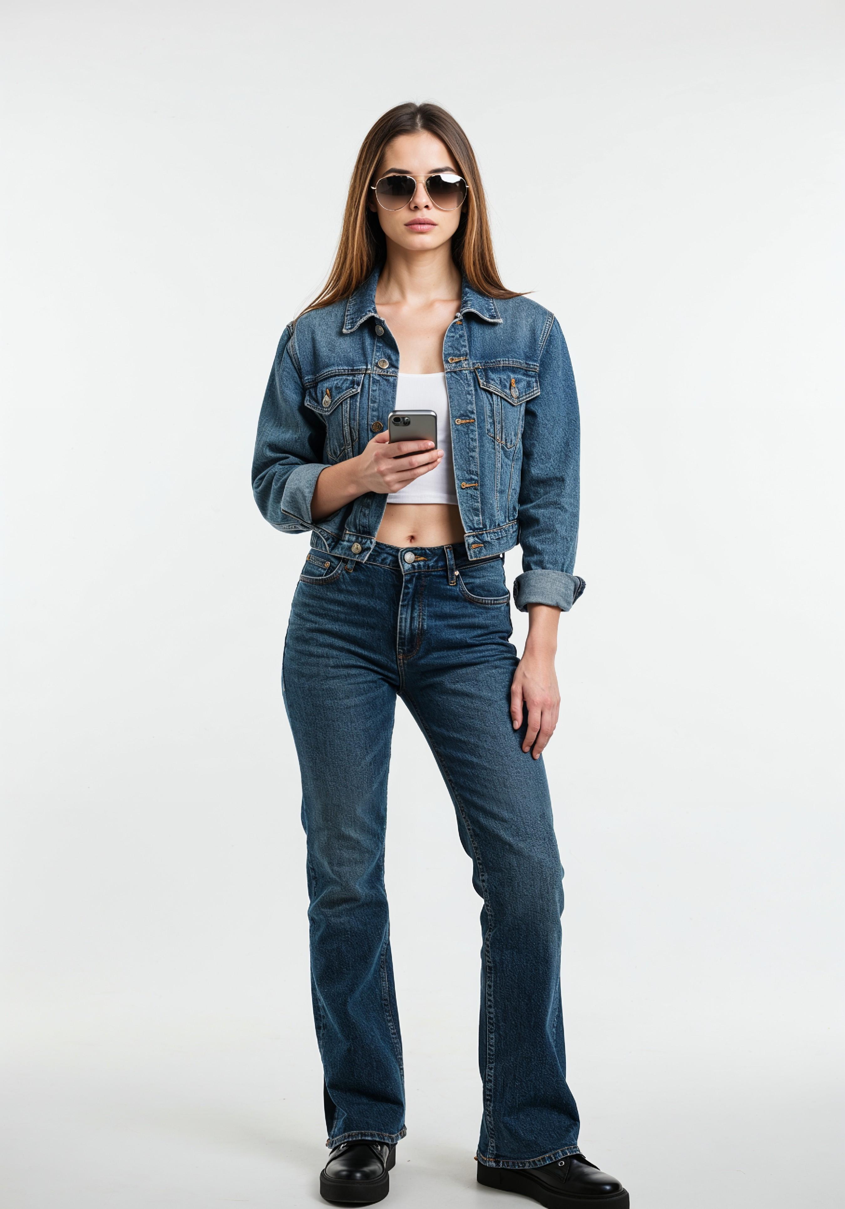 Stylish Young Woman in Denim Jacket and Jeans Casual Street Fashion Portrait