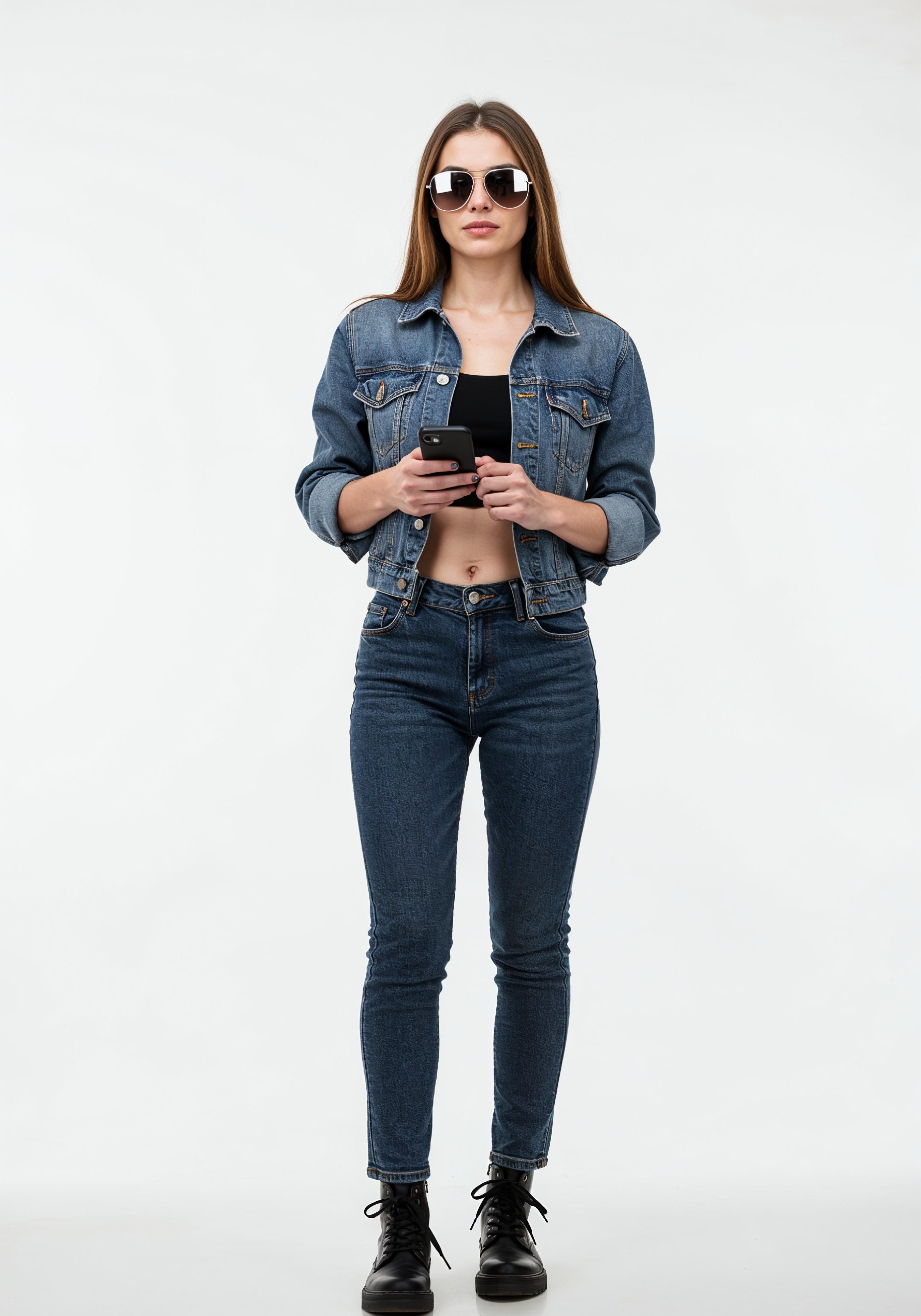 Stylish Young Woman in Denim Jacket and Jeans Casual Street Fashion Portrait