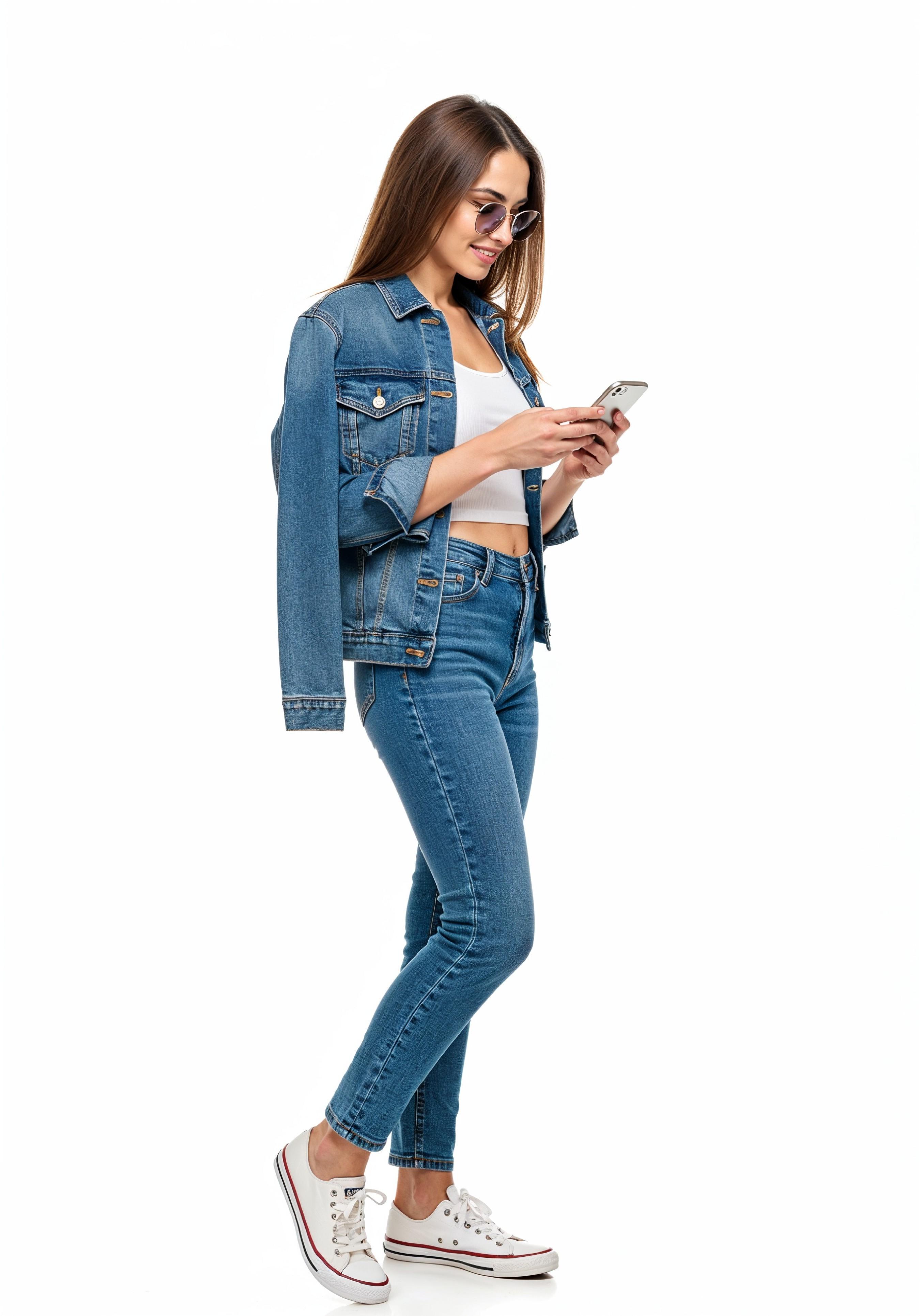 Stylish Young Woman in Denim Jacket and Jeans Casual Street Fashion Portrait