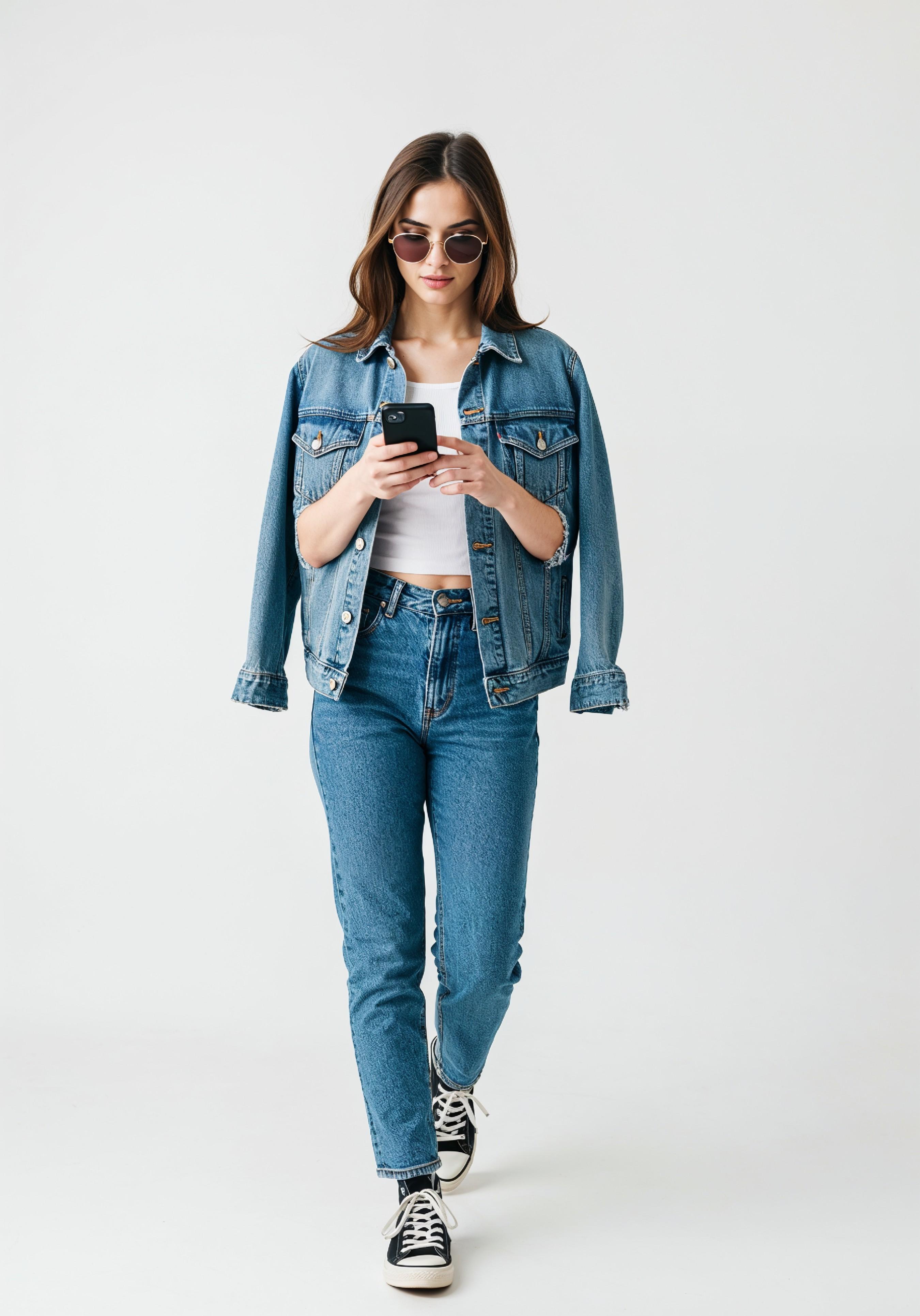 Stylish Young Woman in Denim Jacket and Jeans Casual Street Fashion Portrait