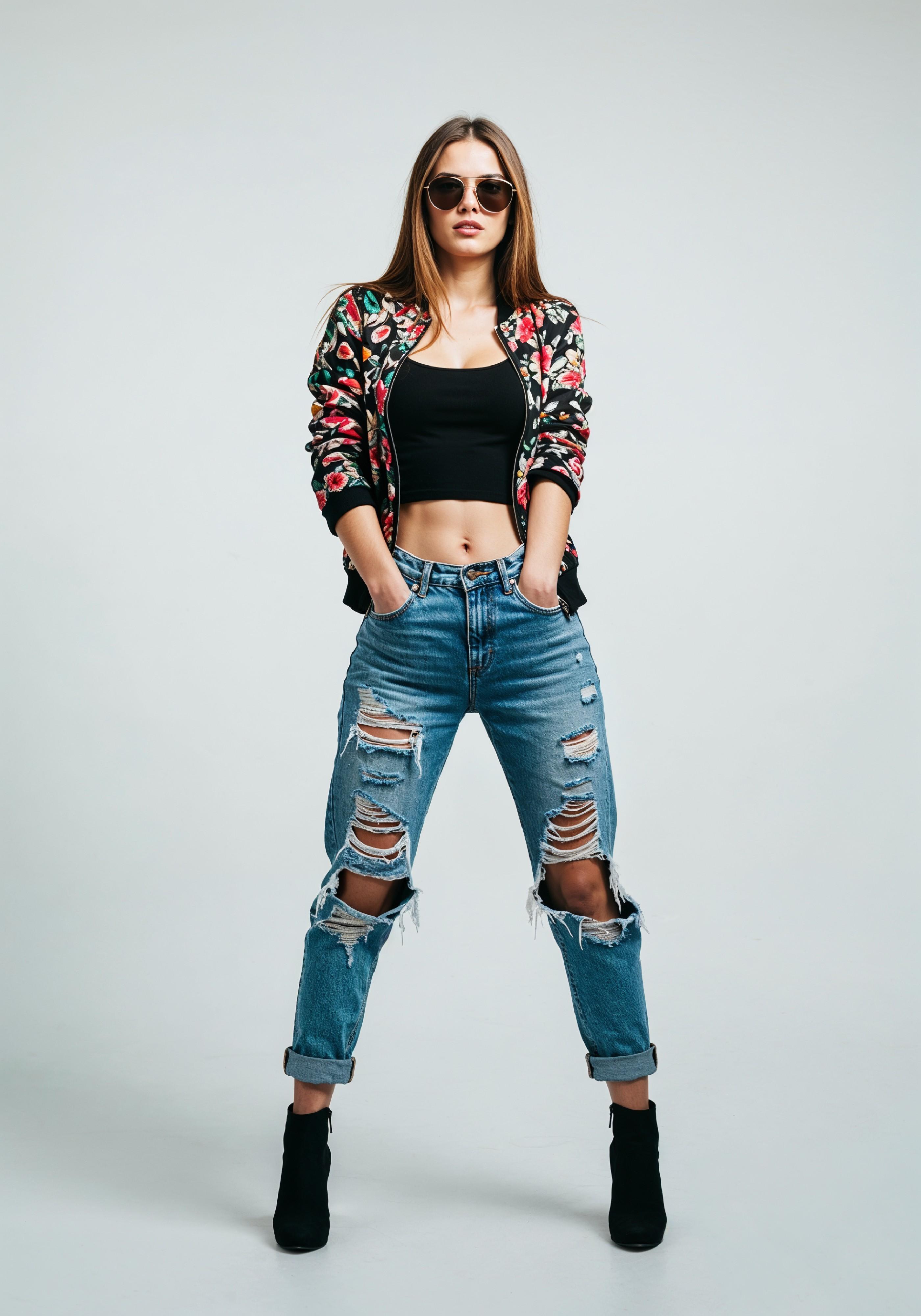 Stylish Young Woman in Floral Jacket and Ripped Jeans Trendy Street Fashion Portrait