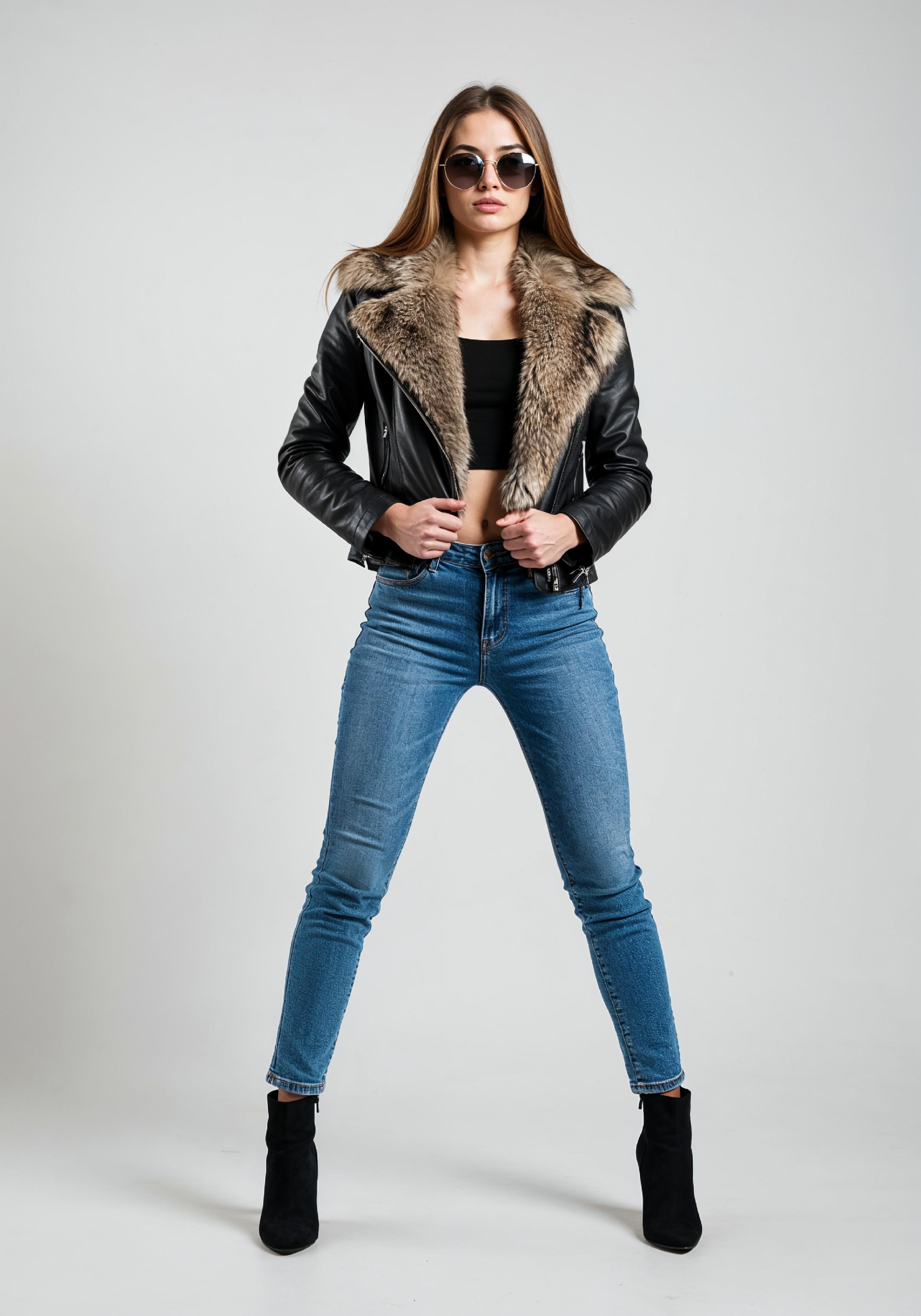 Stylish Young Woman in Fur Collar Leather Jacket and Skinny Jeans Fashion Portrait