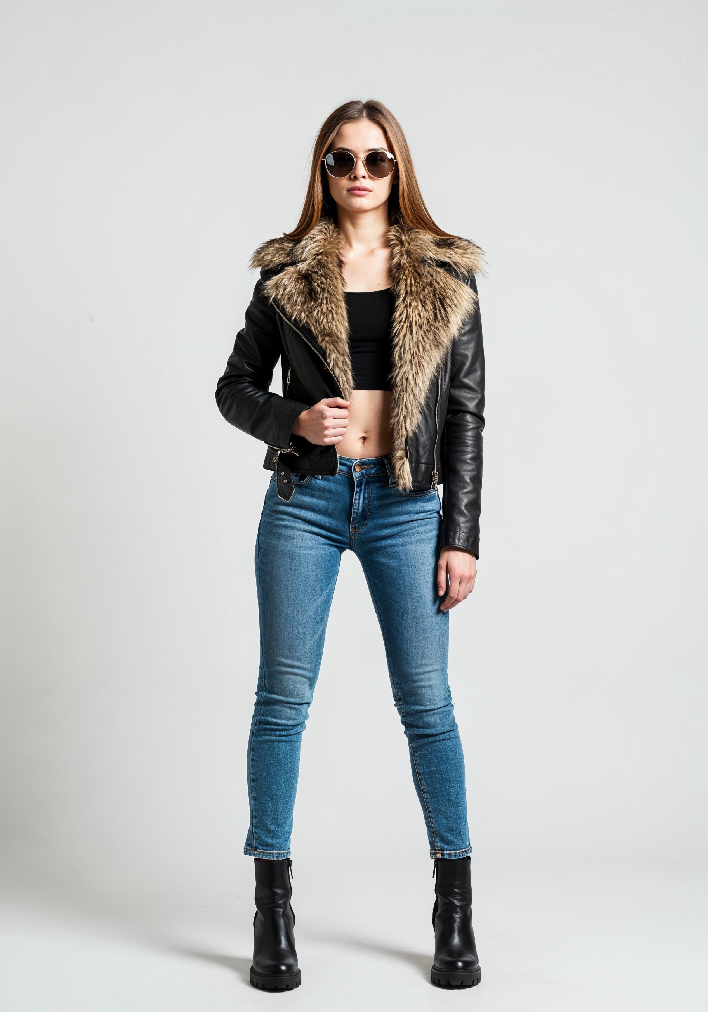 Stylish Young Woman in Fur Collar Leather Jacket and Skinny Jeans Fashion Portrait