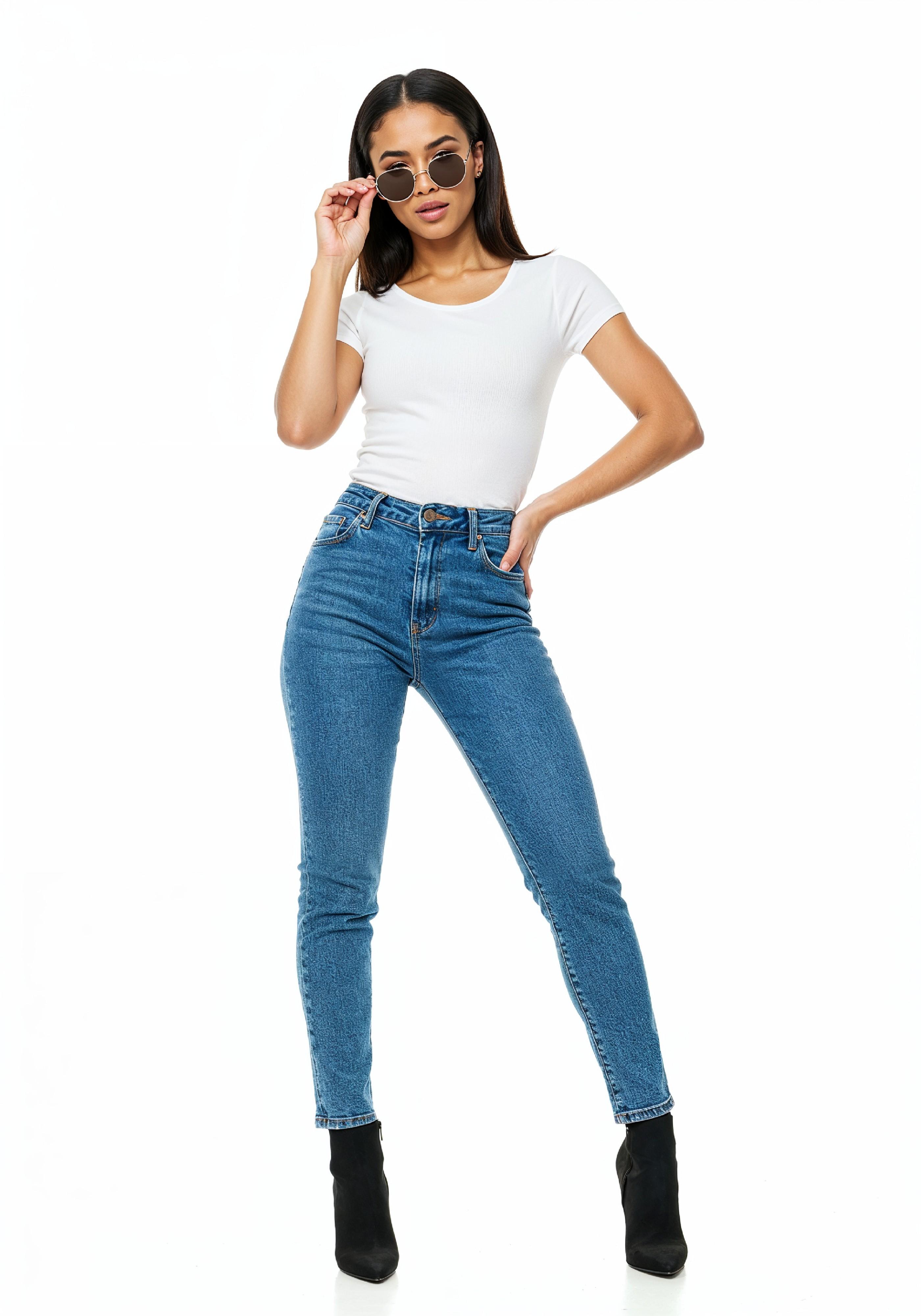 Stylish Young Woman in High Waist Jeans and White T Shirt Casual Fashion Portrait