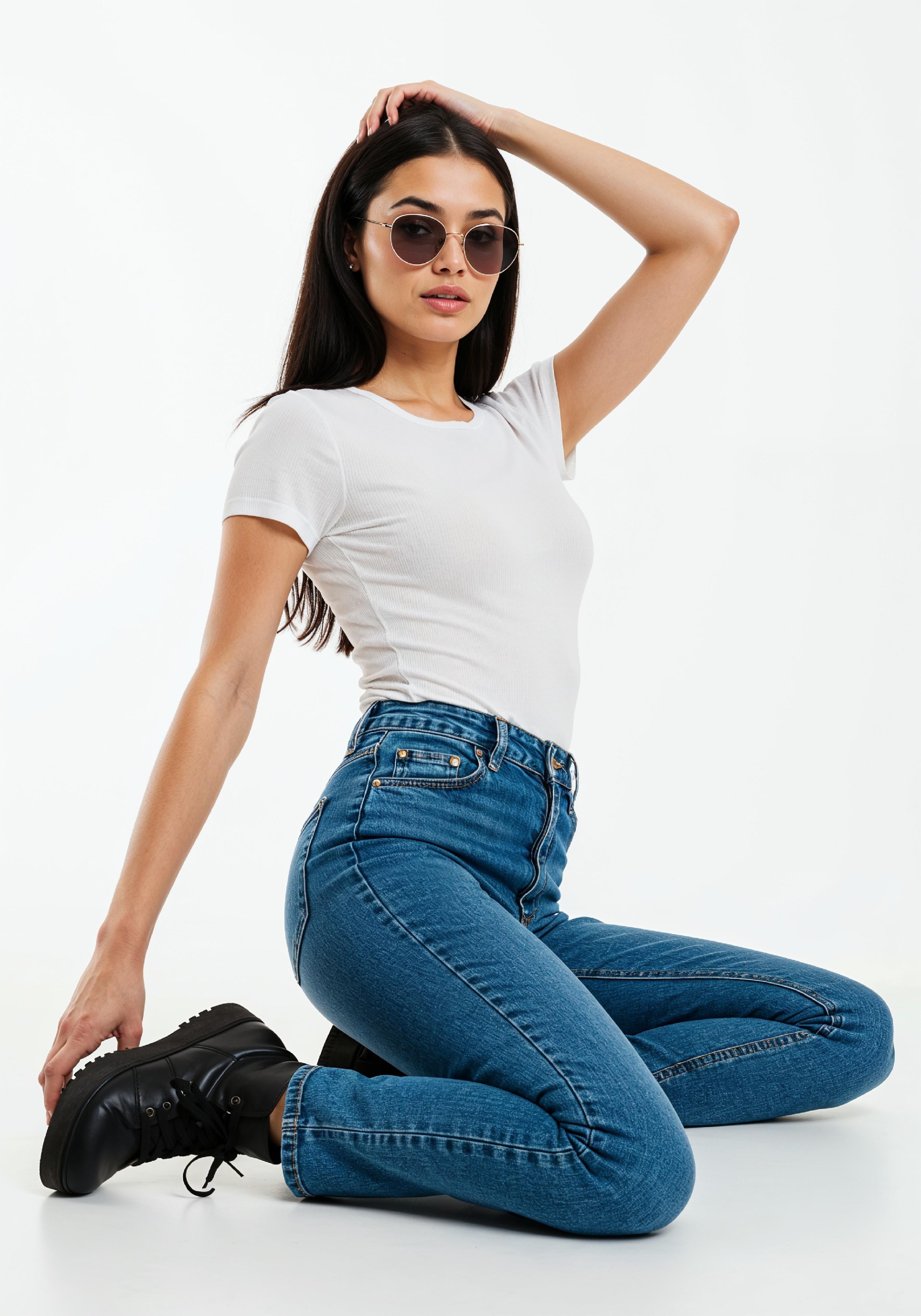 Stylish Young Woman in High Waist Jeans and White T Shirt Casual Fashion Portrait