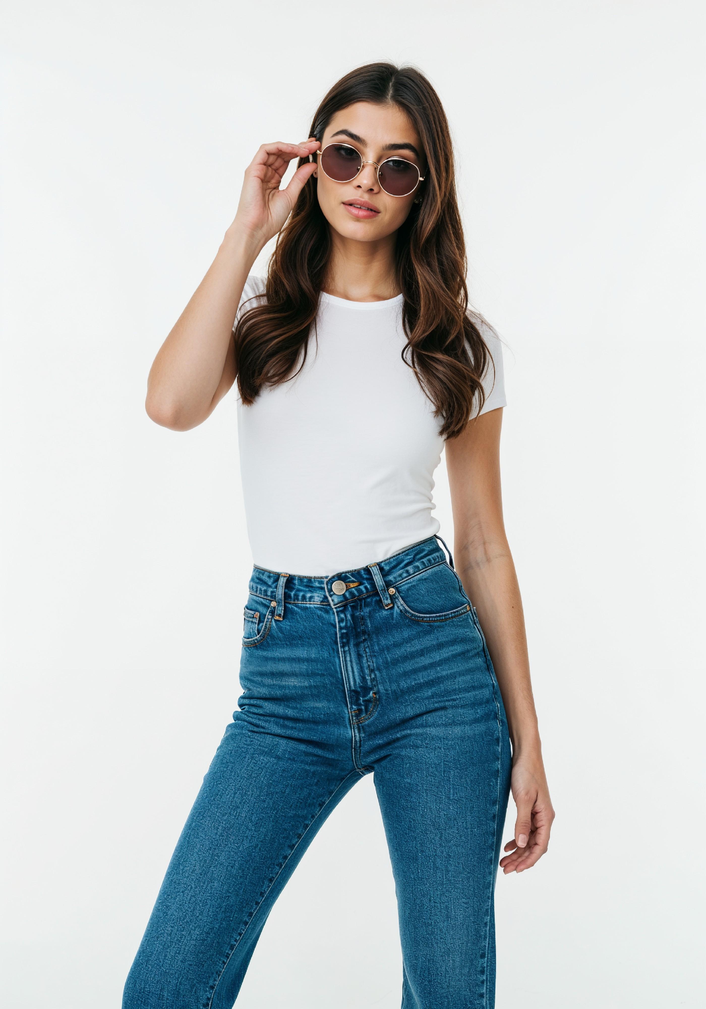 Stylish Young Woman in High Waist Jeans and White T Shirt Casual Fashion Portrait