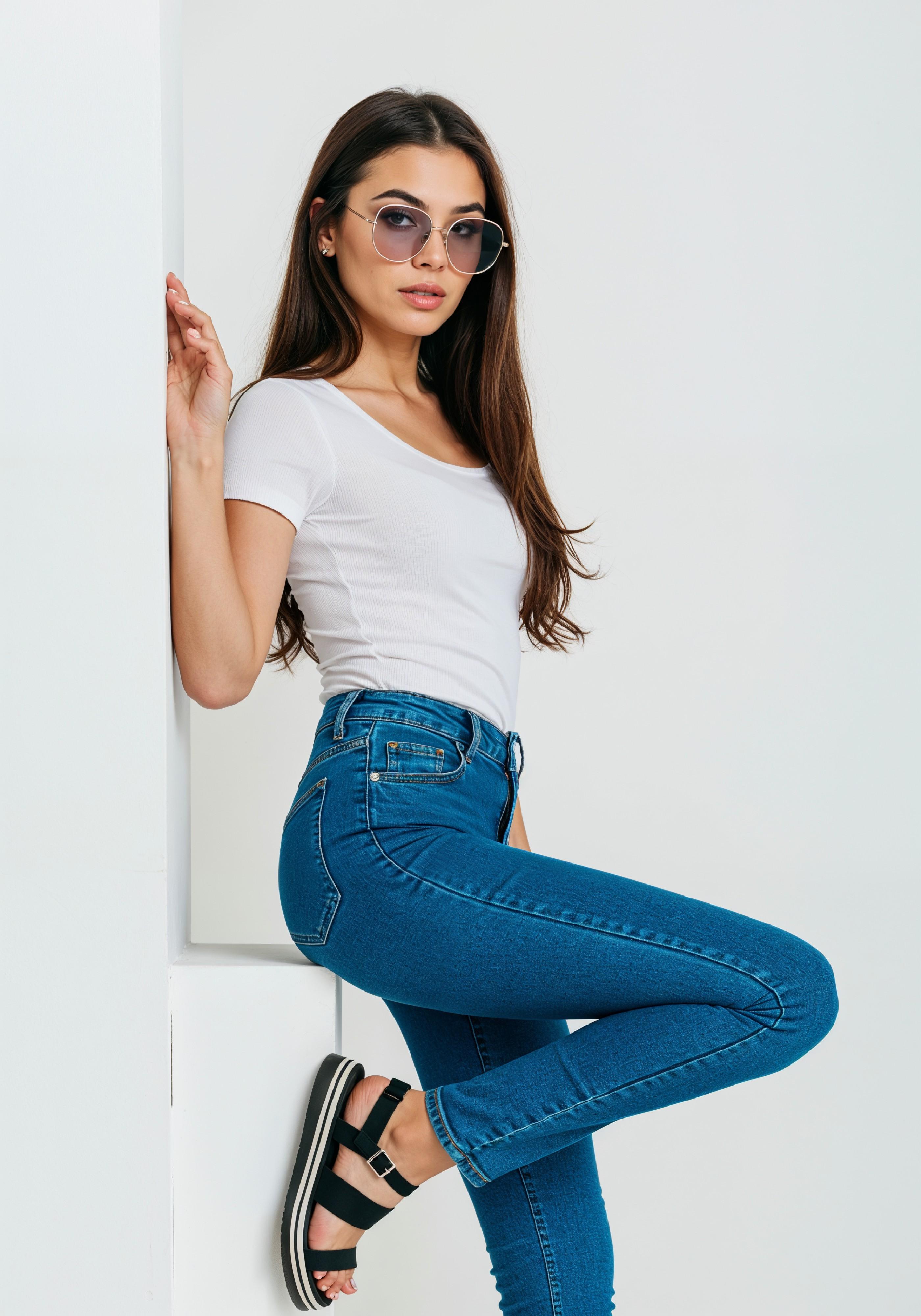 Stylish Young Woman in High Waist Jeans and White T Shirt Casual Fashion Portrait