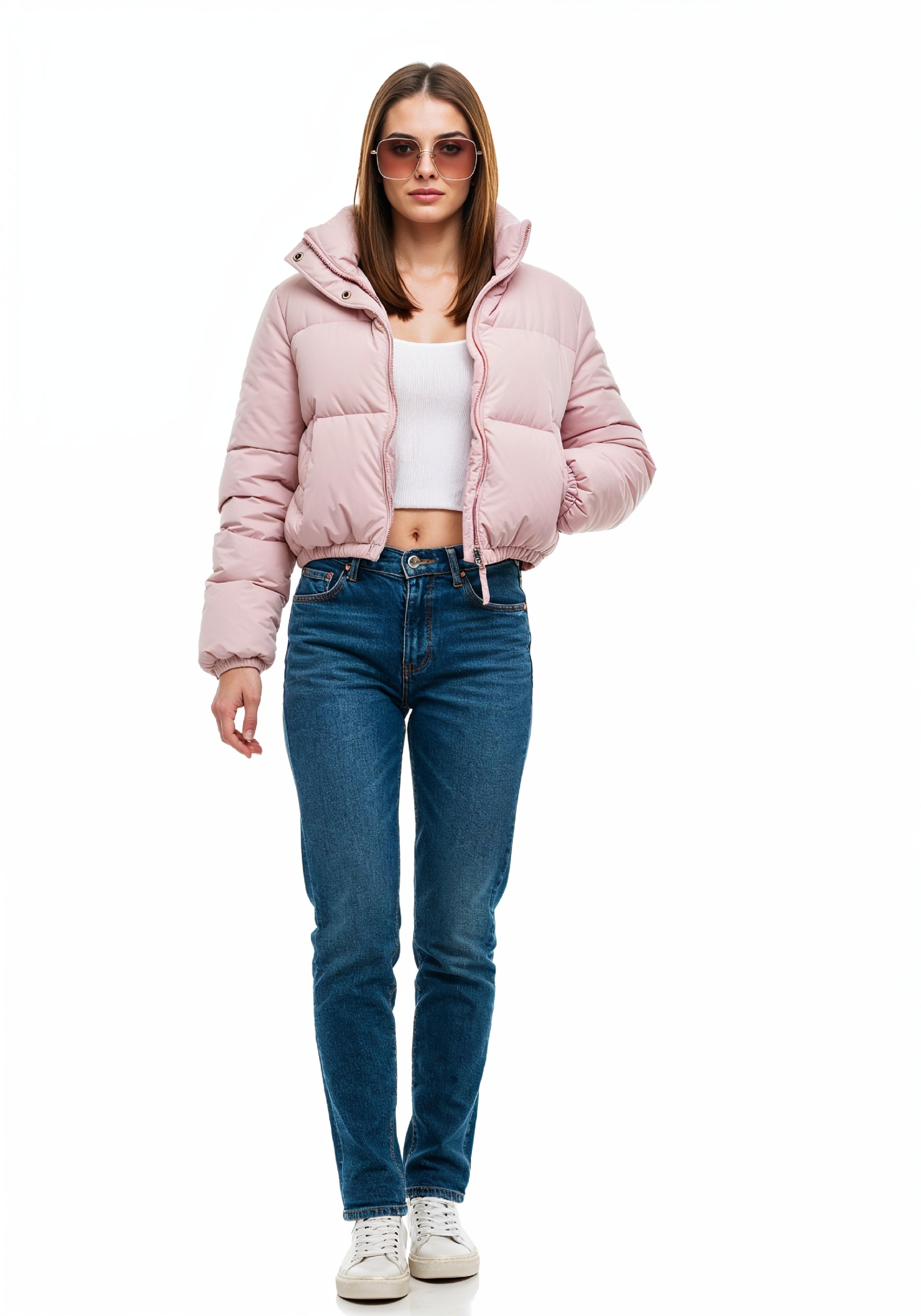 Stylish Young Woman in Pink Puffer Jacket and Blue Jeans Winter Fashion Portrait