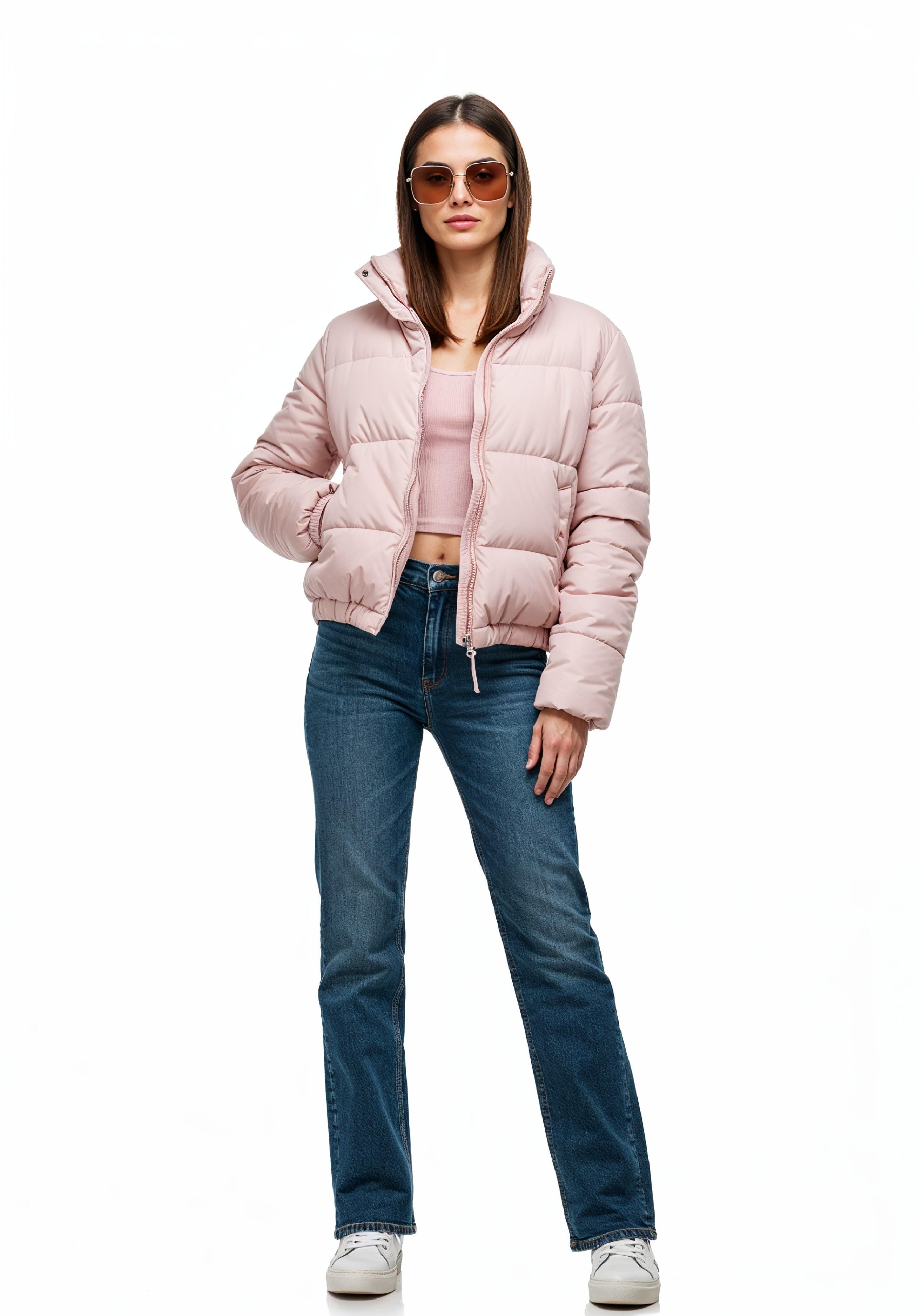 Stylish Young Woman in Pink Puffer Jacket and Blue Jeans Winter Fashion Portrait