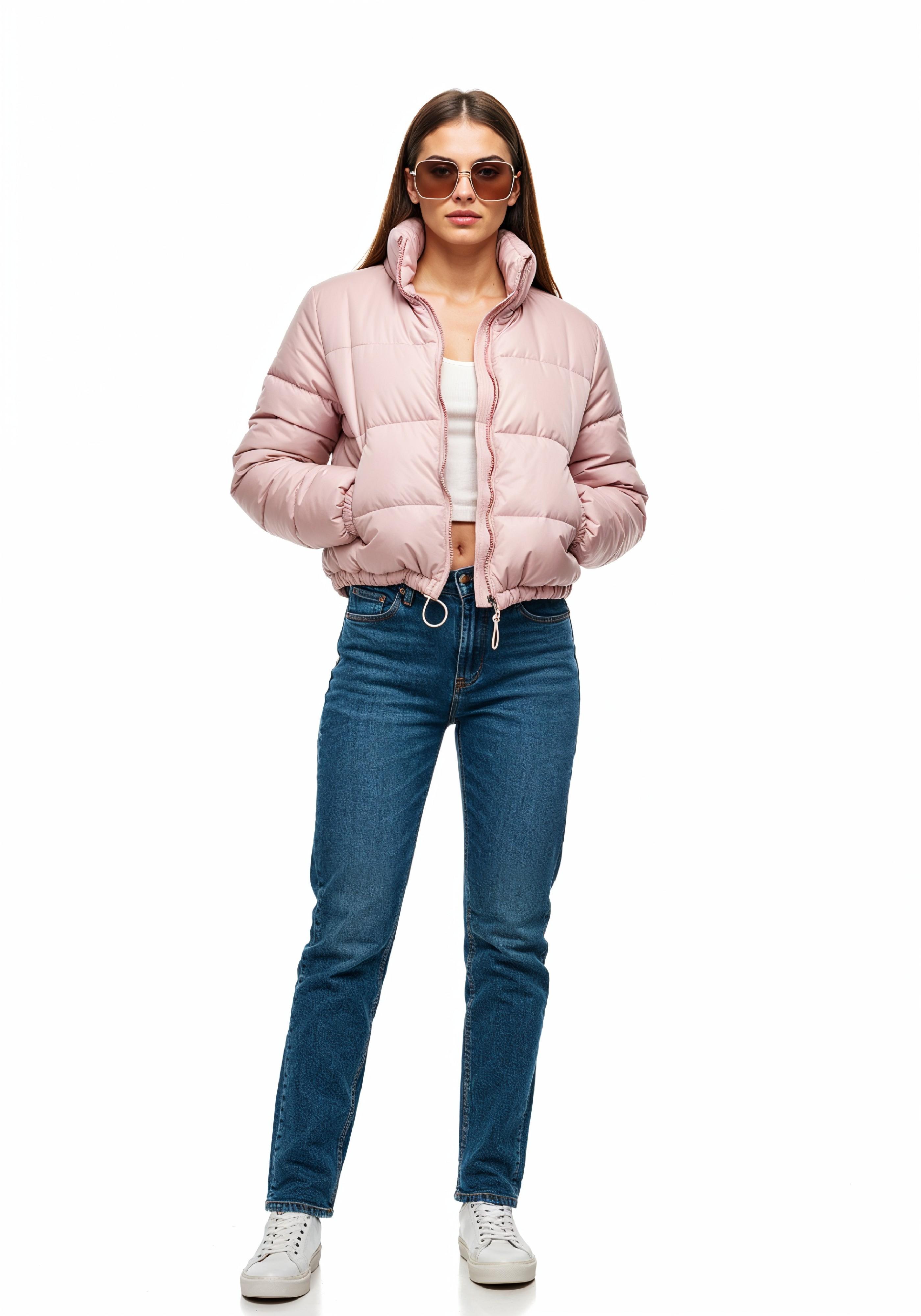 Stylish Young Woman in Pink Puffer Jacket and Blue Jeans Winter Fashion Portrait