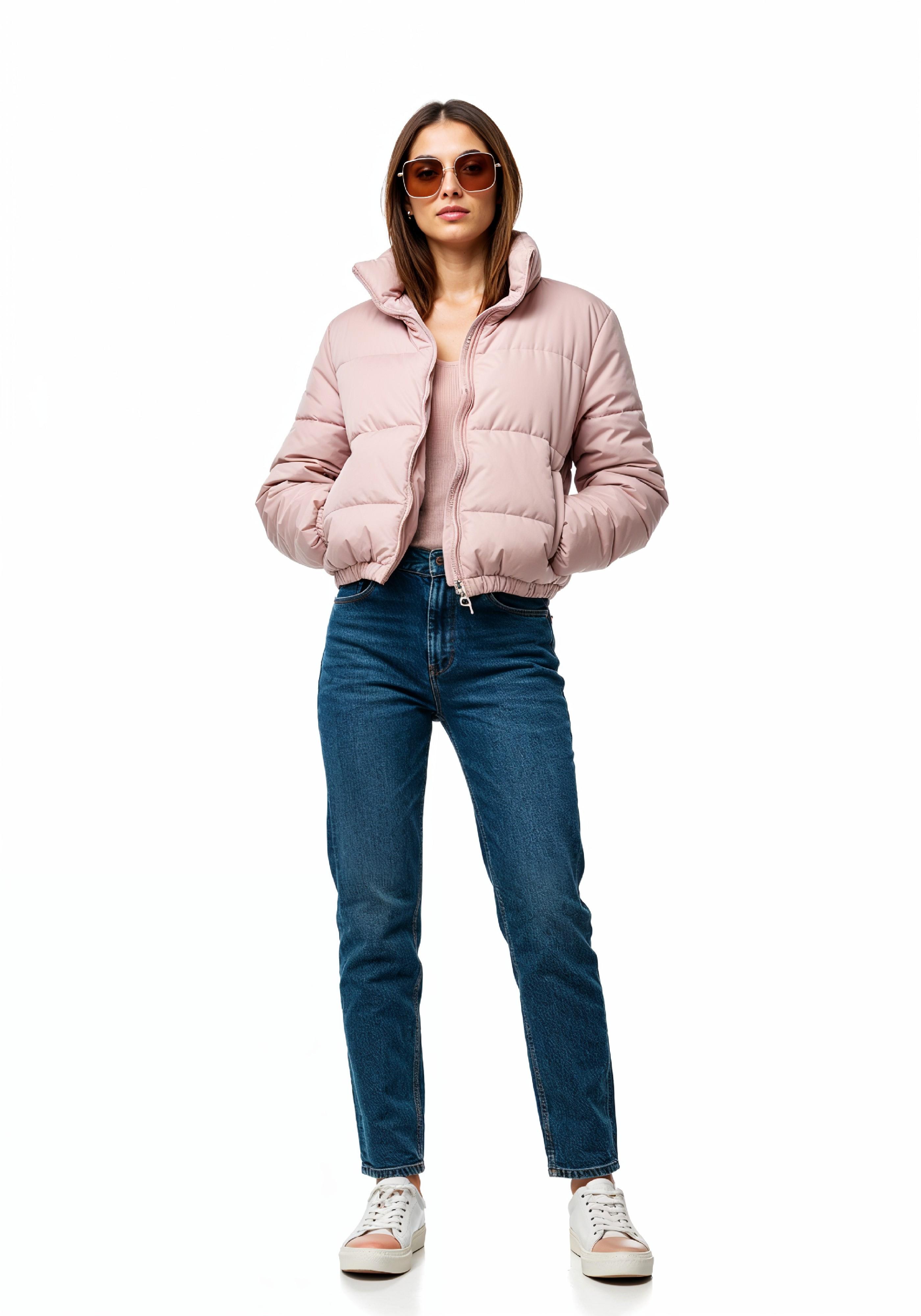 Stylish Young Woman in Pink Puffer Jacket and Blue Jeans Winter Fashion Portrait