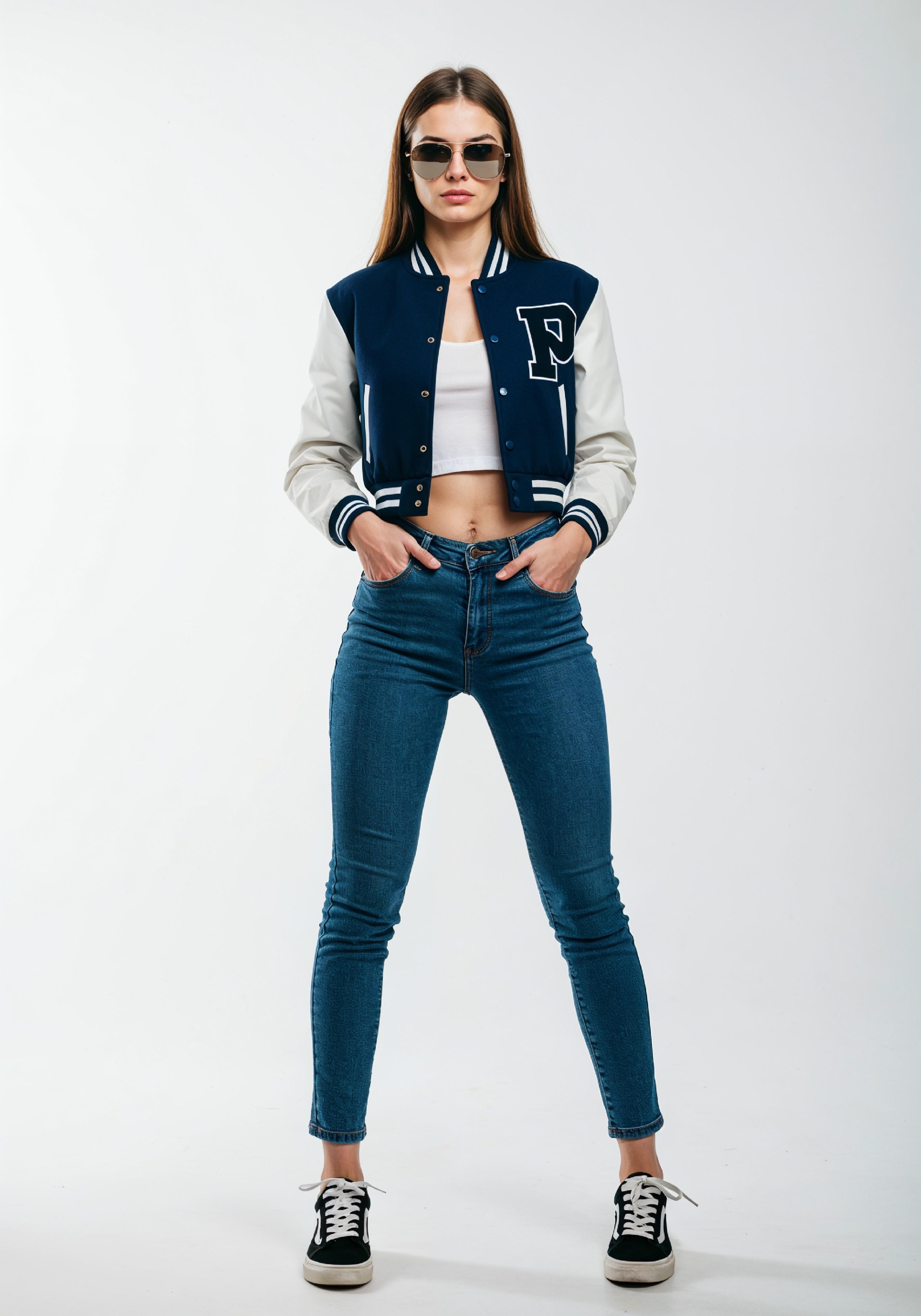 Stylish Young Woman in Varsity Jacket and Skinny Jeans Casual Fashion Portrait