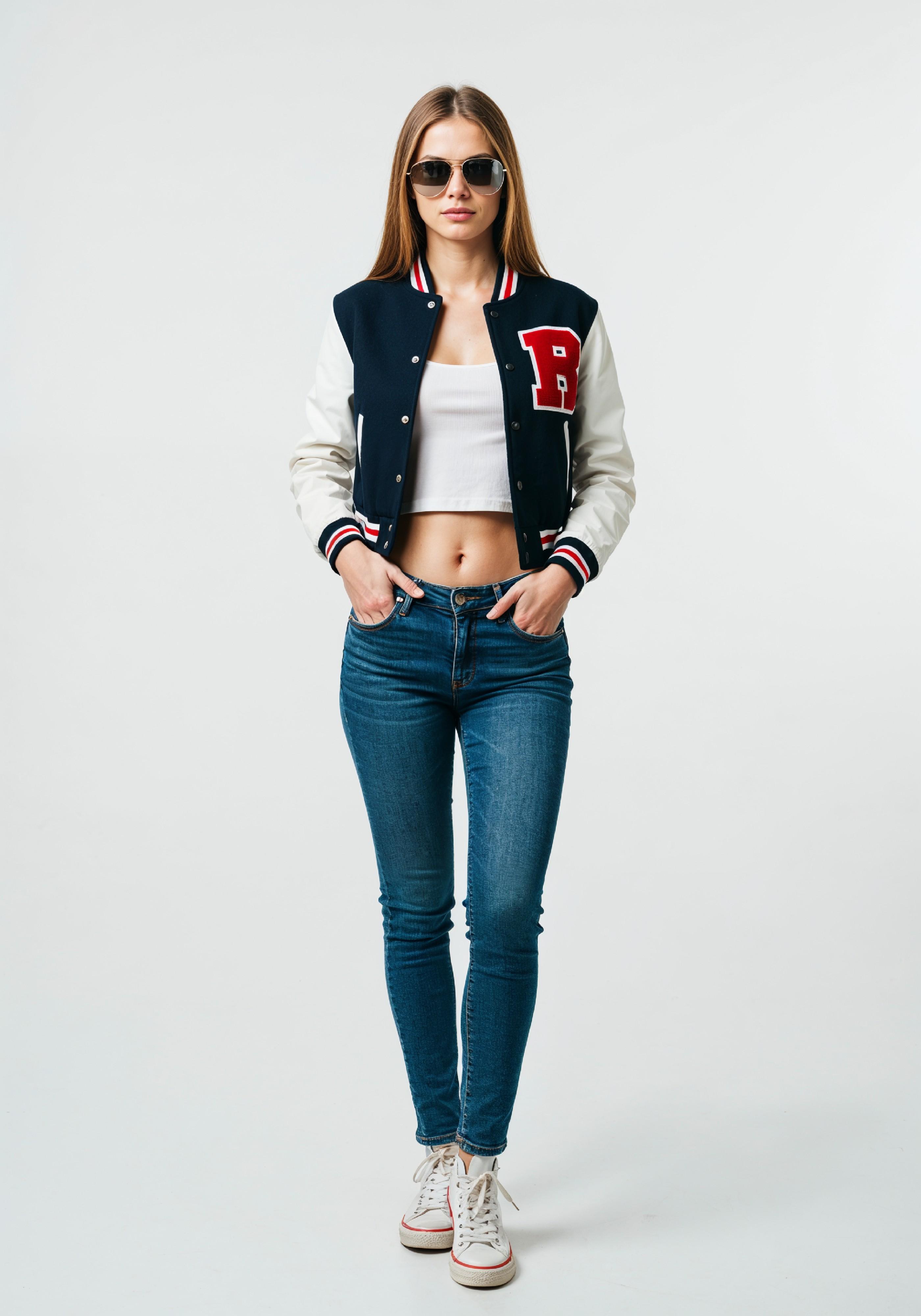 Stylish Young Woman in Varsity Jacket and Skinny Jeans Casual Fashion Portrait