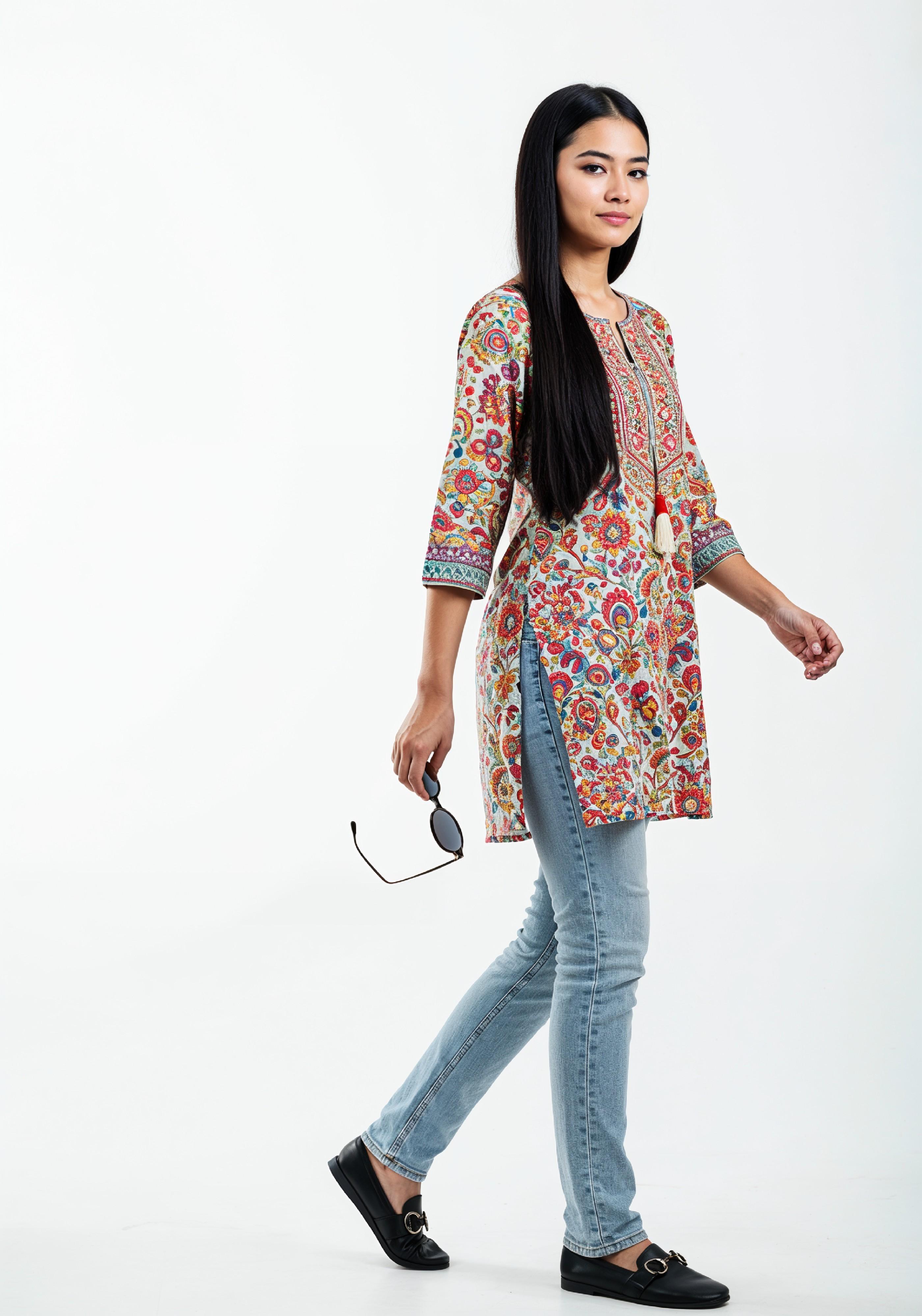 Stylish Young Woman Walking in Printed Kurti and Jeans Ethnic Fashion Portrait