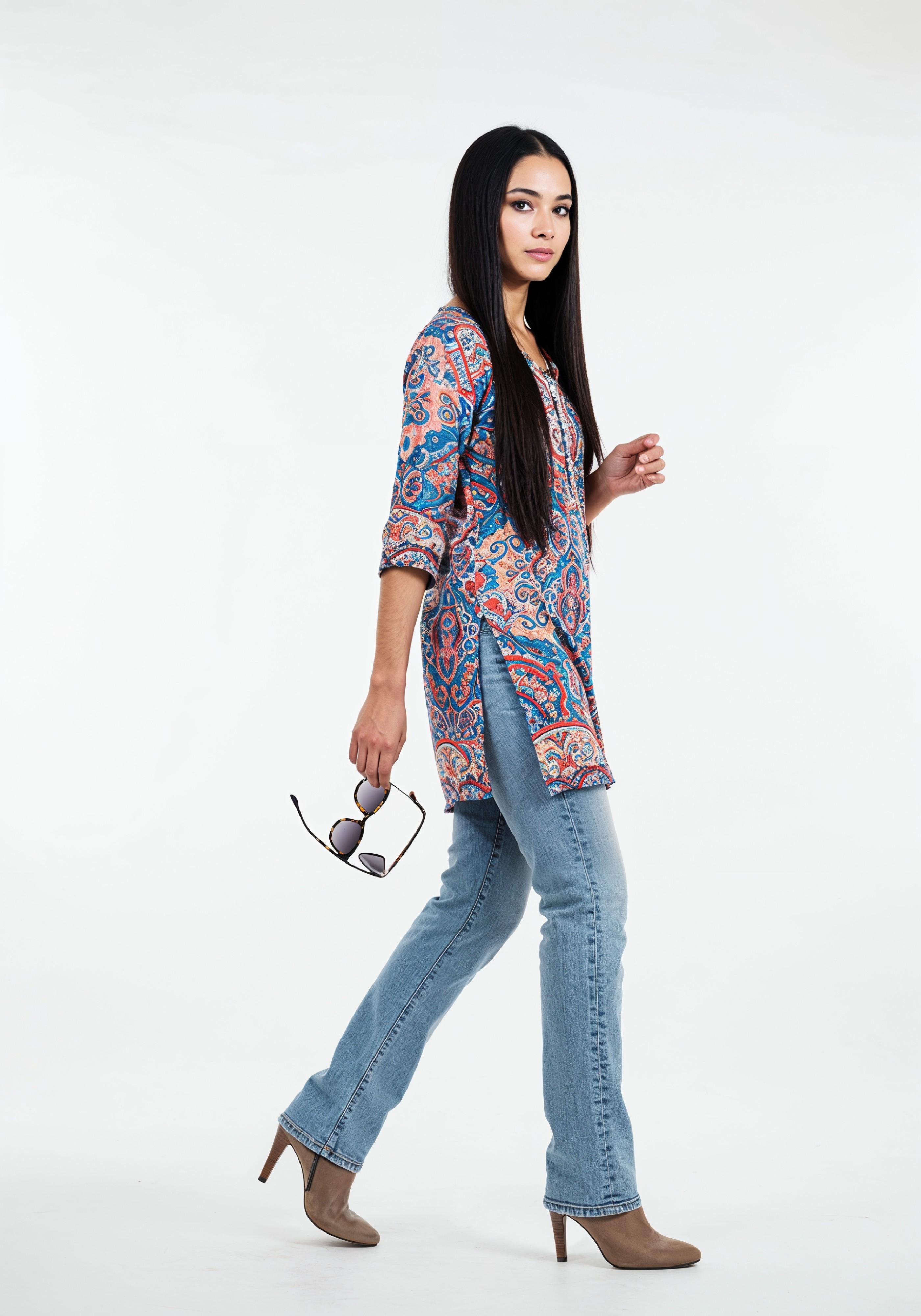 Stylish Young Woman Walking in Printed Kurti and Jeans Ethnic Fashion Portrait