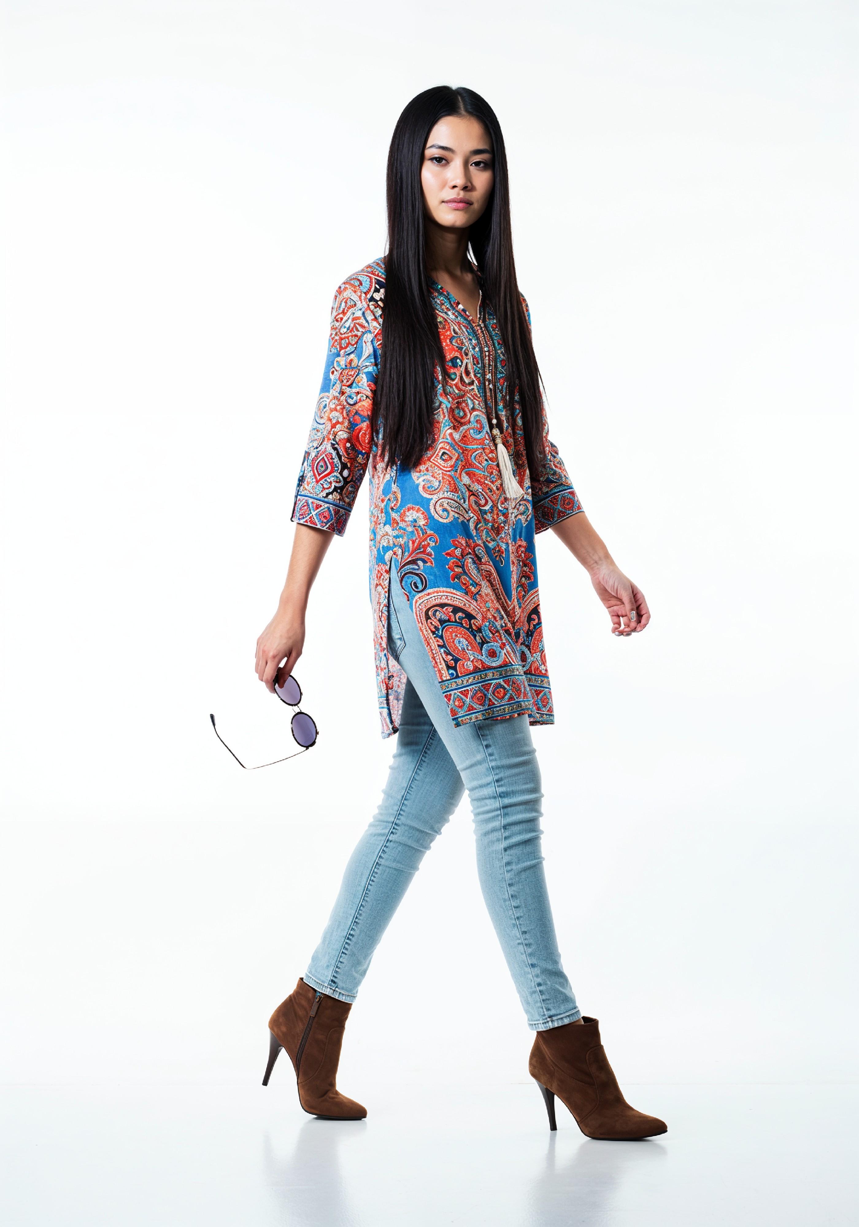 Stylish Young Woman Walking in Printed Kurti and Jeans Ethnic Fashion Portrait