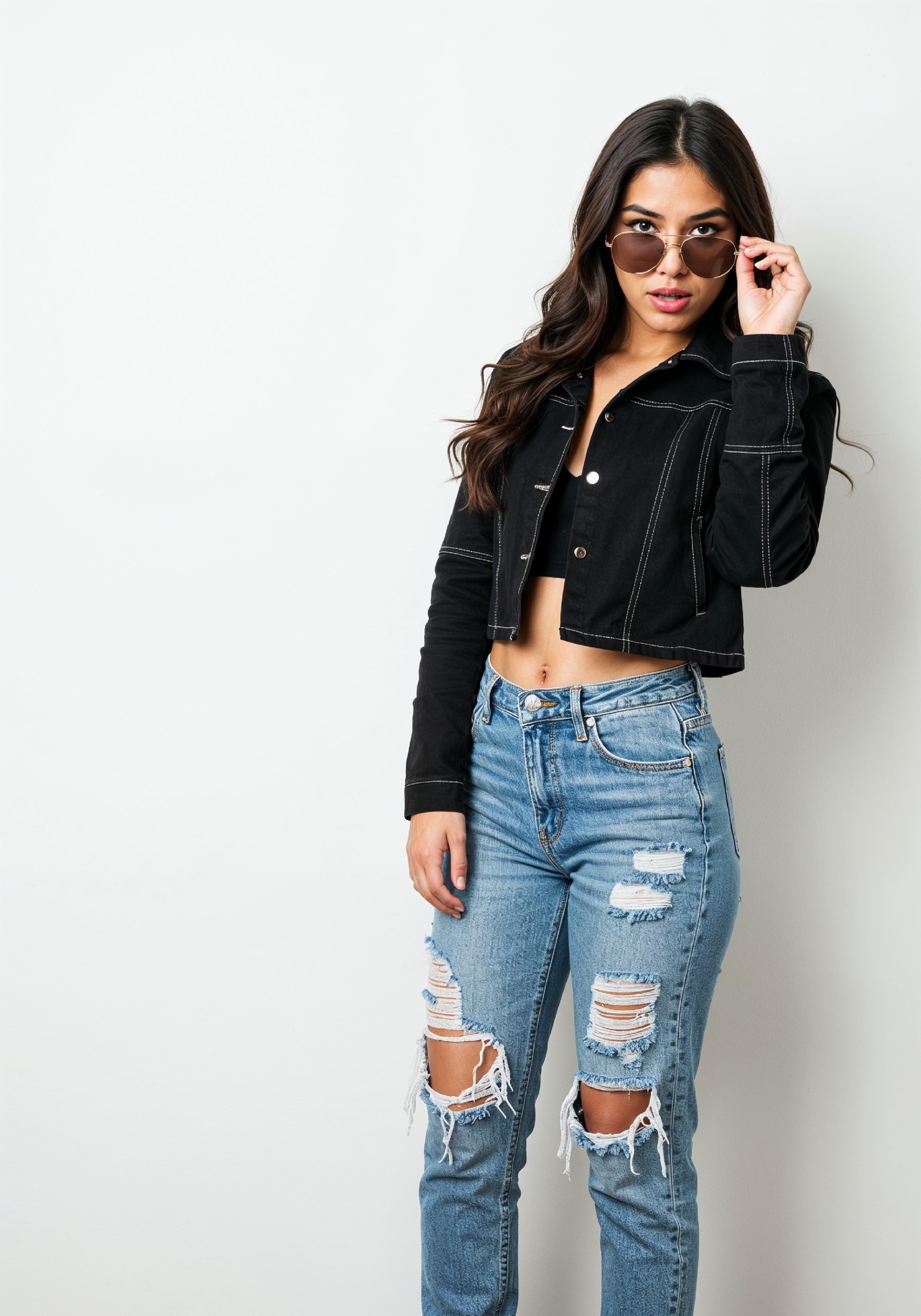 Trendy Young Woman in Ripped Jeans and Casual Jacket Modern Street Fashion Portrait