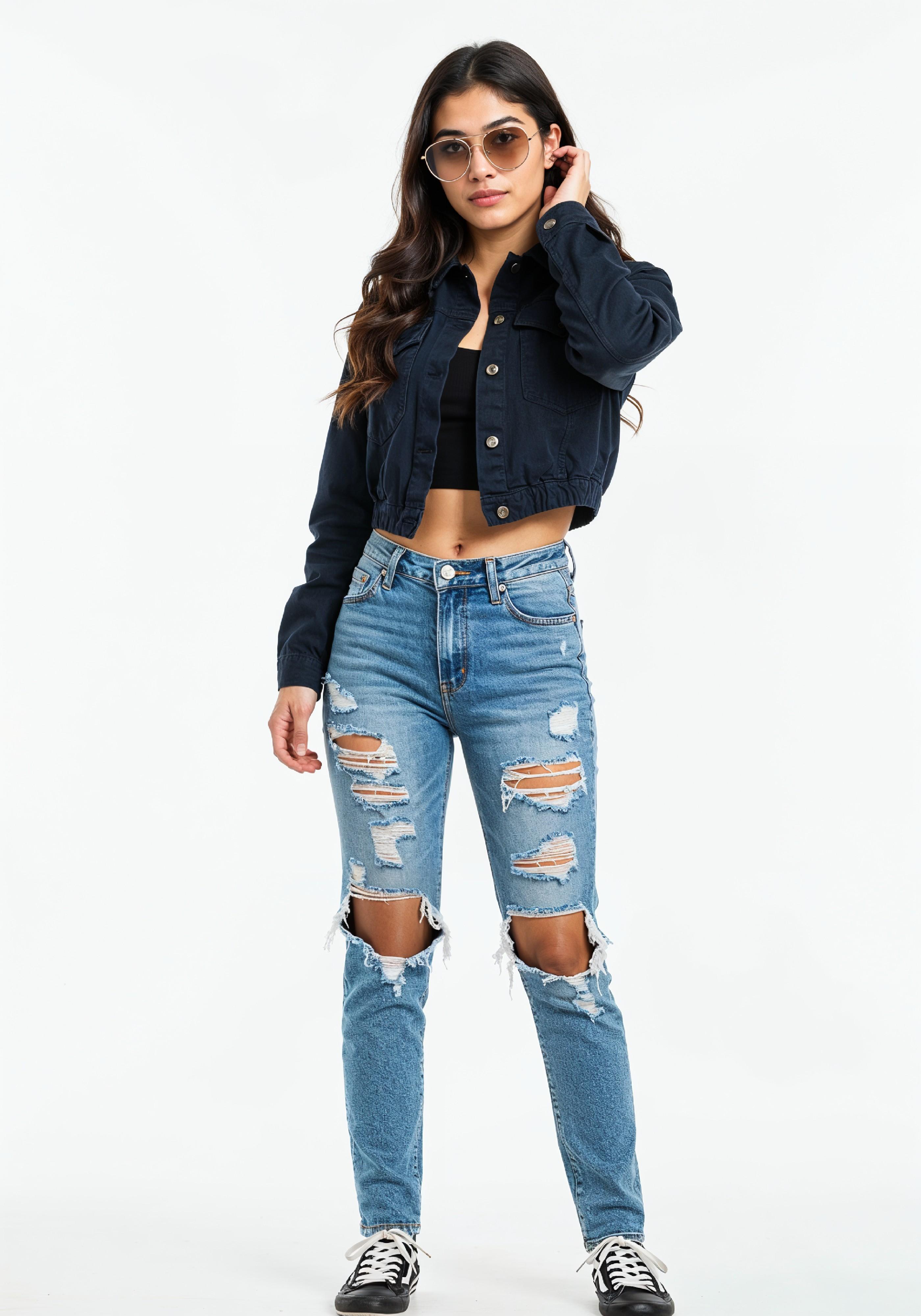 Trendy Young Woman in Ripped Jeans and Casual Jacket Modern Street Fashion Portrait