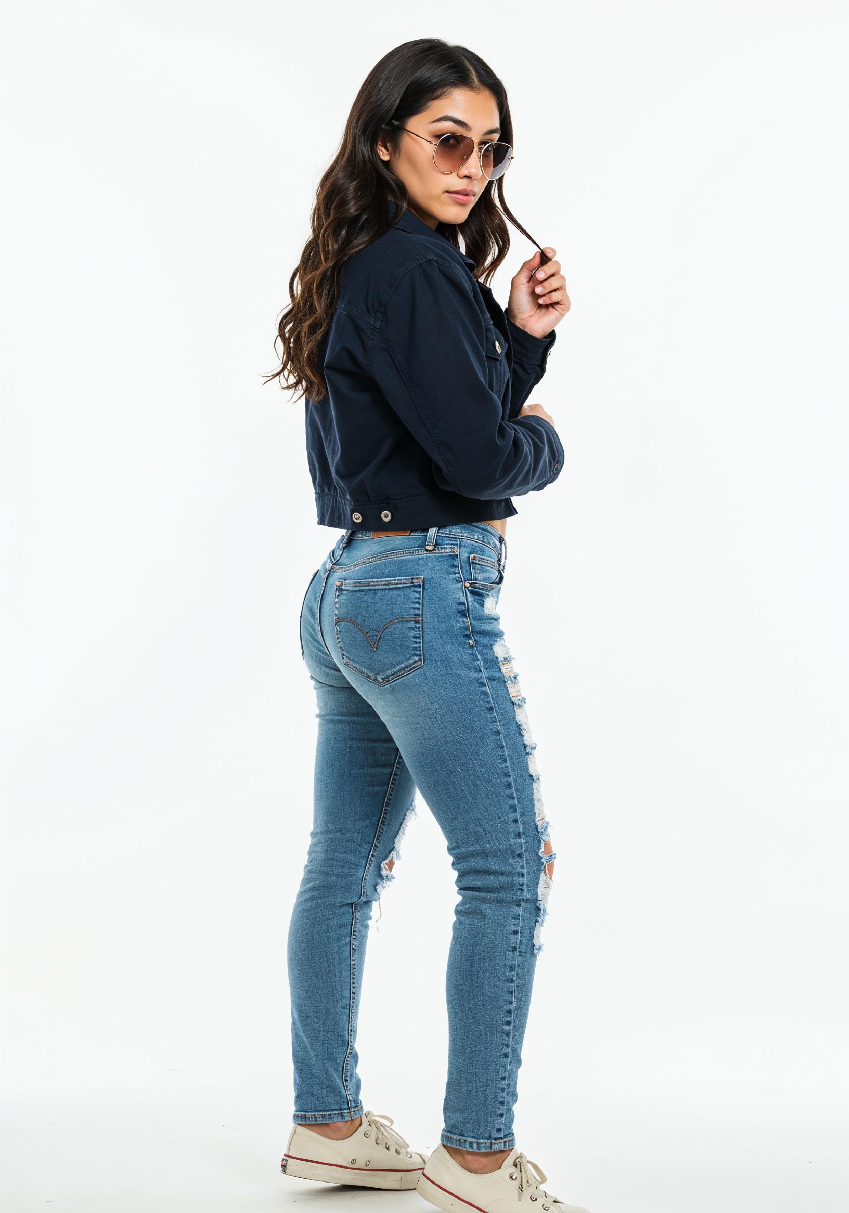 Trendy Young Woman in Ripped Jeans and Casual Jacket Modern Street Fashion Portrait