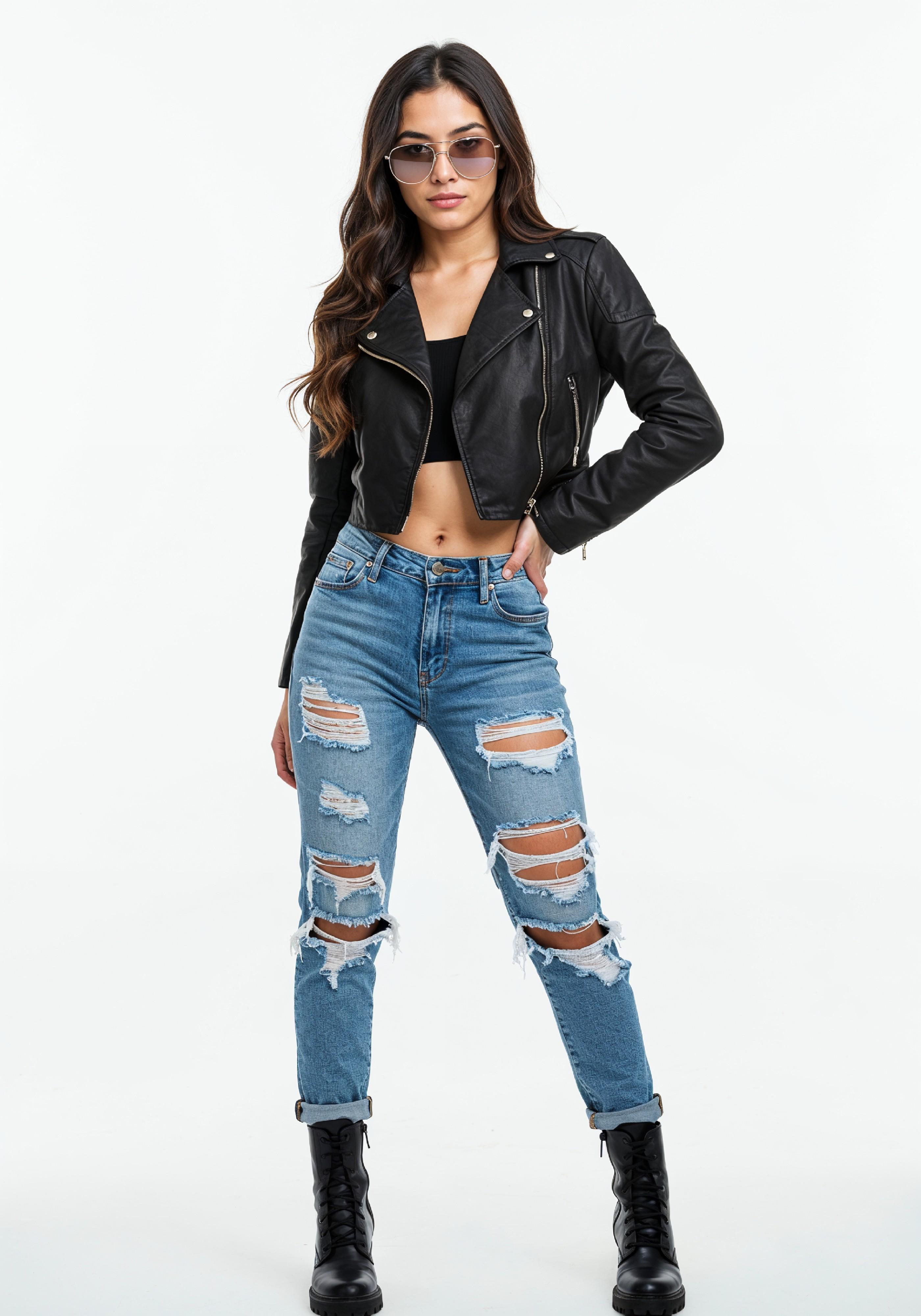 Trendy Young Woman in Ripped Jeans and Casual Jacket Modern Street Fashion Portrait