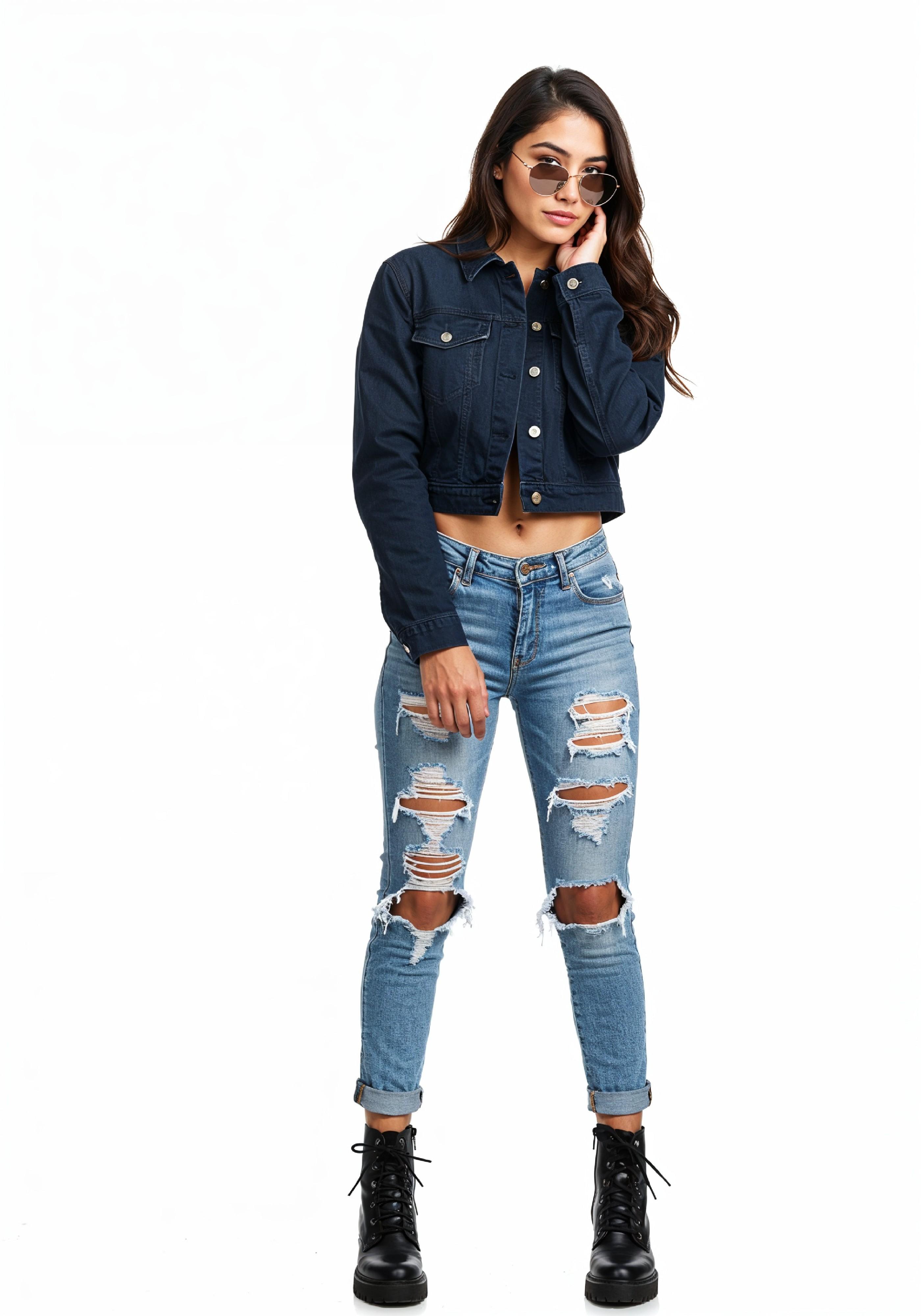 Trendy Young Woman in Ripped Jeans and Casual Jacket Modern Street Fashion Portrait