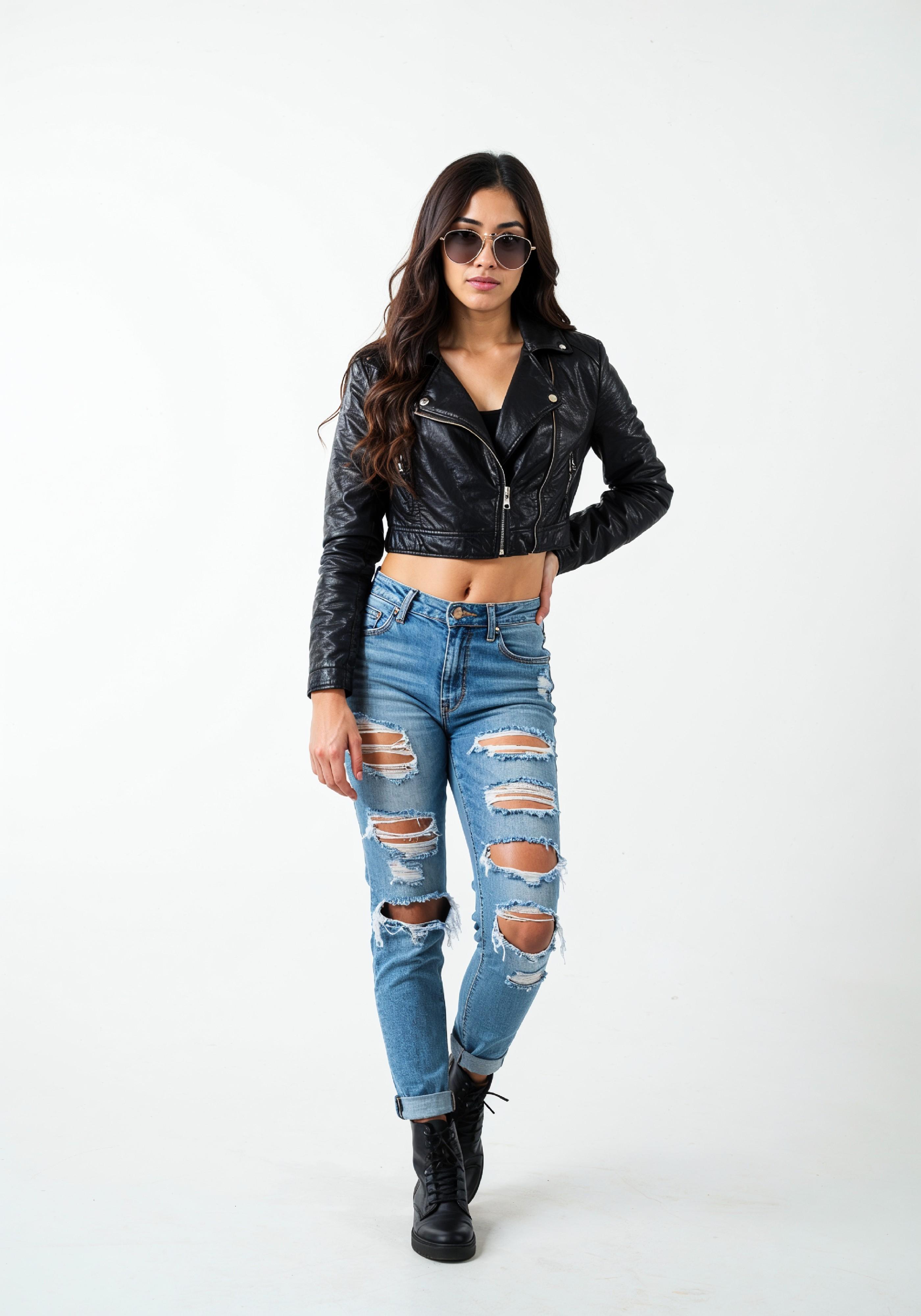 Trendy Young Woman in Ripped Jeans and Casual Jacket Modern Street Fashion Portrait