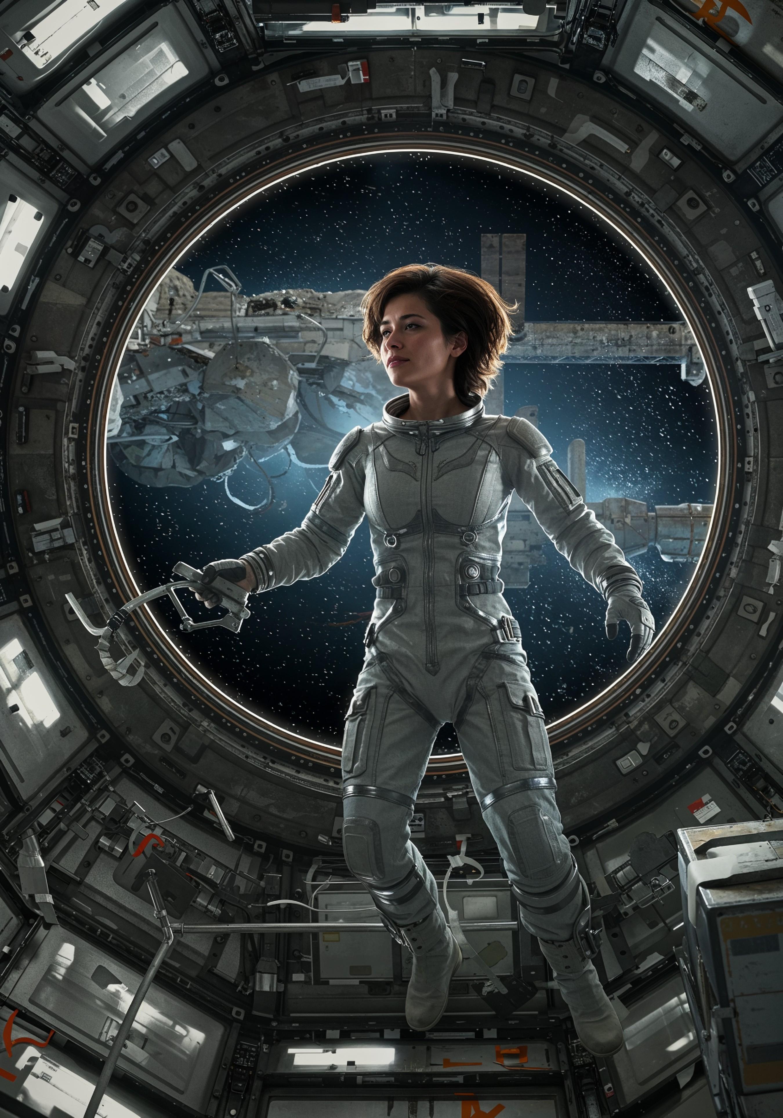 Young Female Astronaut in Spacesuit Standing on Alien Planet and Lunar Surface Landscape