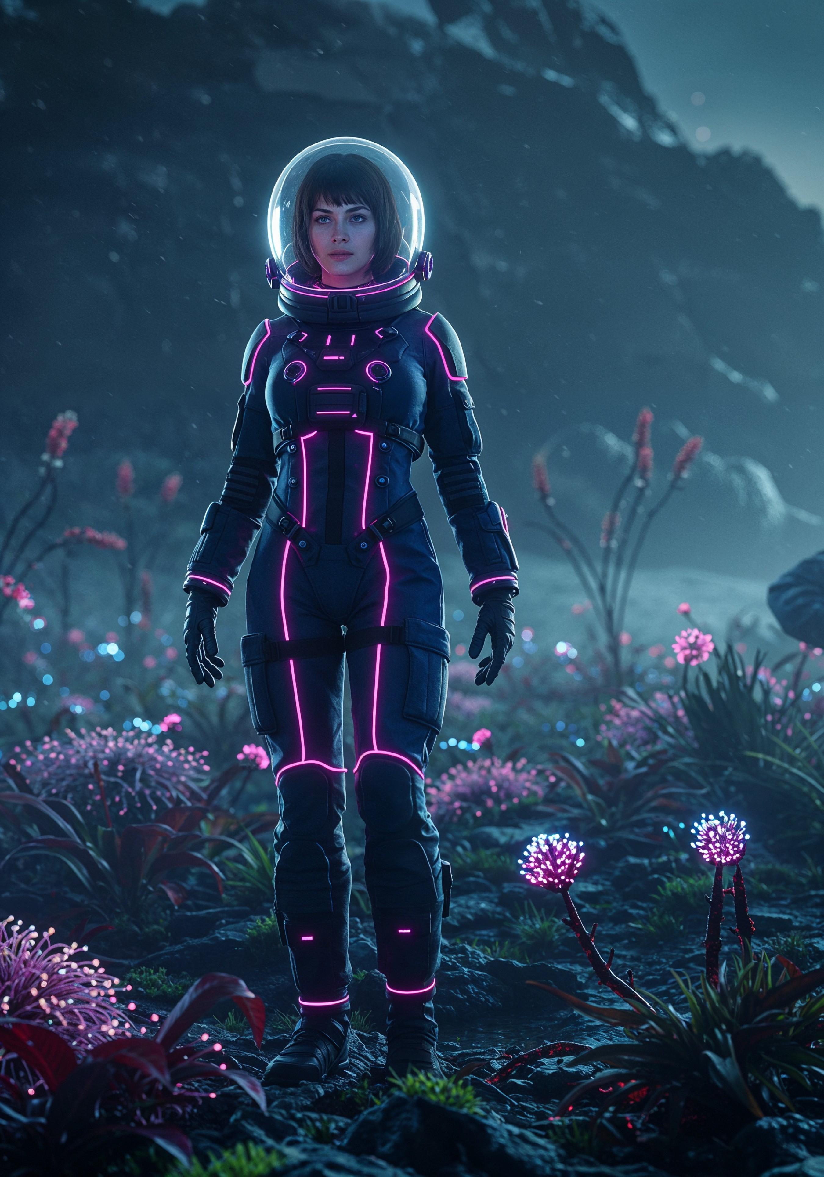 Young Female Astronaut in Spacesuit Standing on Alien Planet and Lunar Surface Landscape