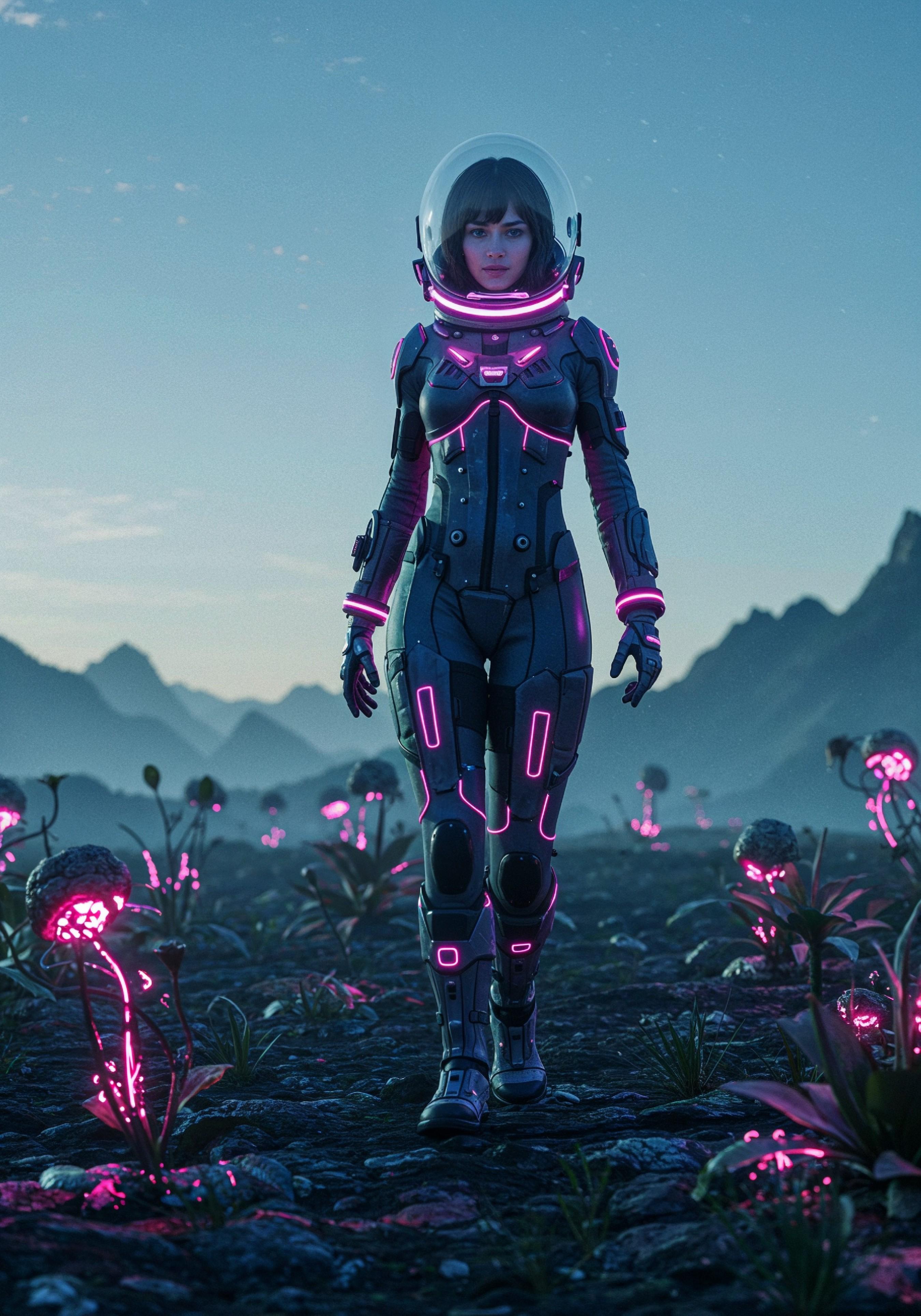 Young Female Astronaut in Spacesuit Standing on Alien Planet and Lunar Surface Landscape
