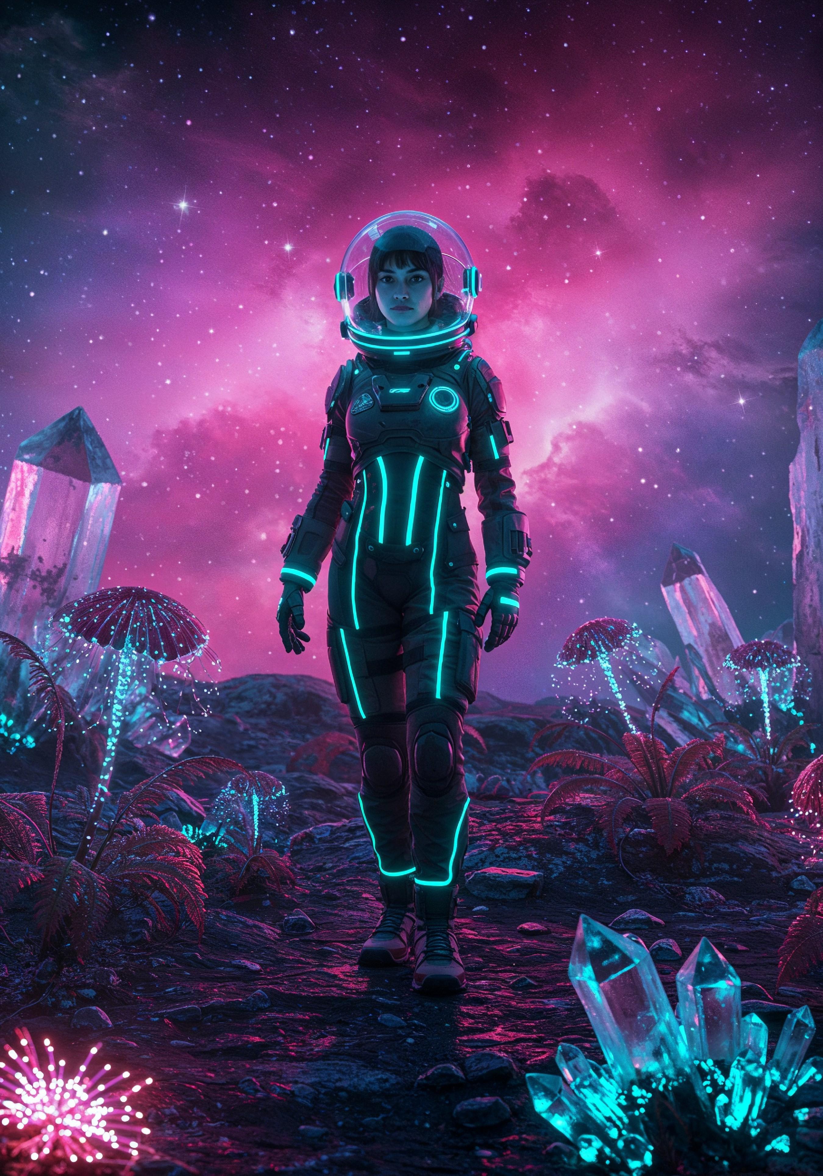 Young Female Astronaut in Spacesuit Standing on Alien Planet and Lunar Surface Landscape