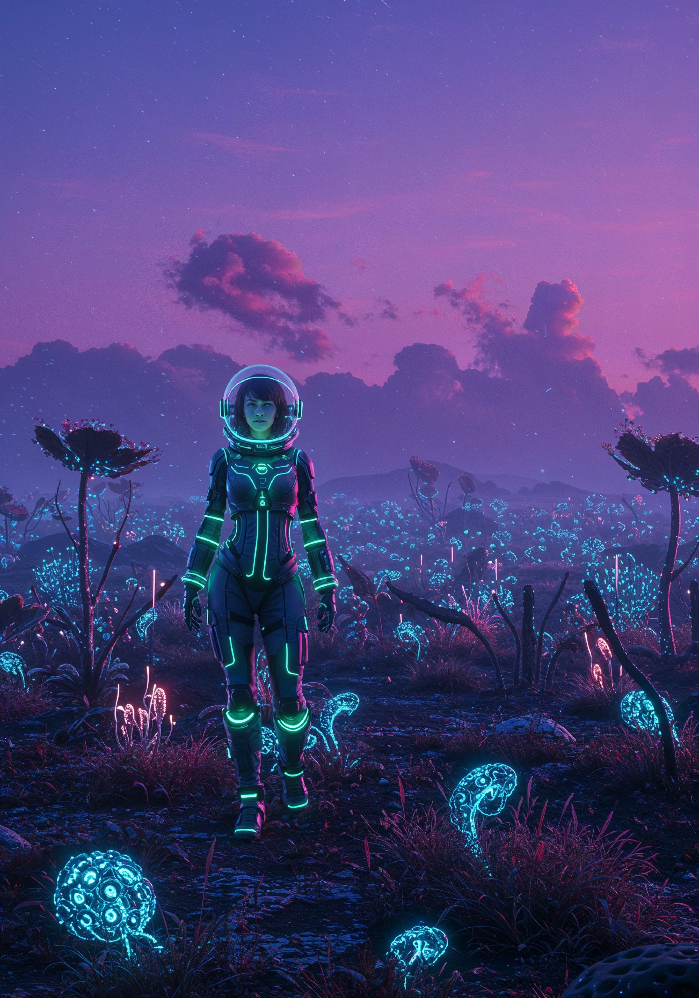 Young Female Astronaut in Spacesuit Standing on Alien Planet and Lunar Surface Landscape