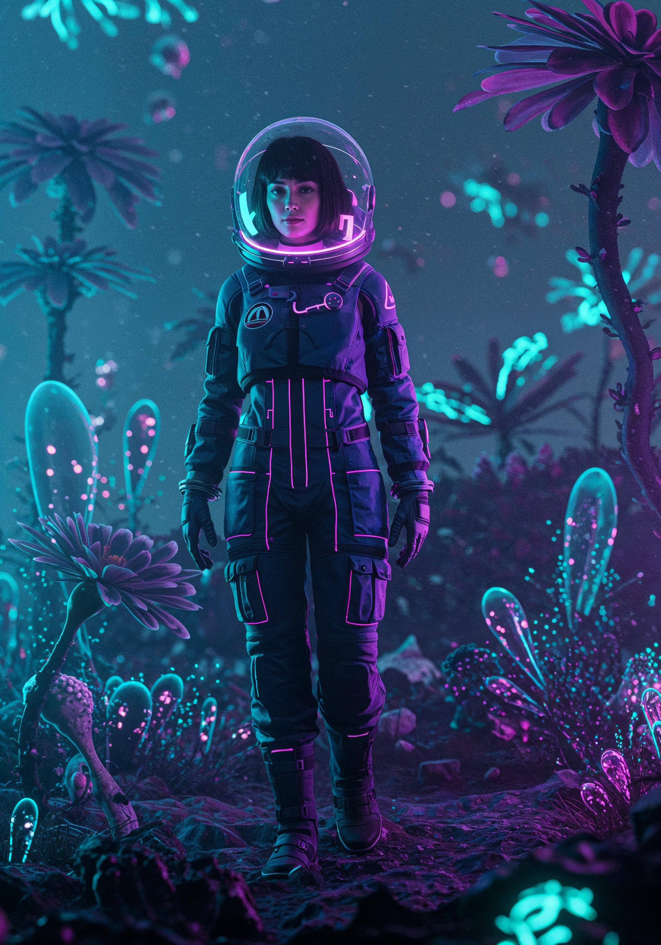 Young Female Astronaut in Spacesuit Standing on Alien Planet and Lunar Surface Landscape