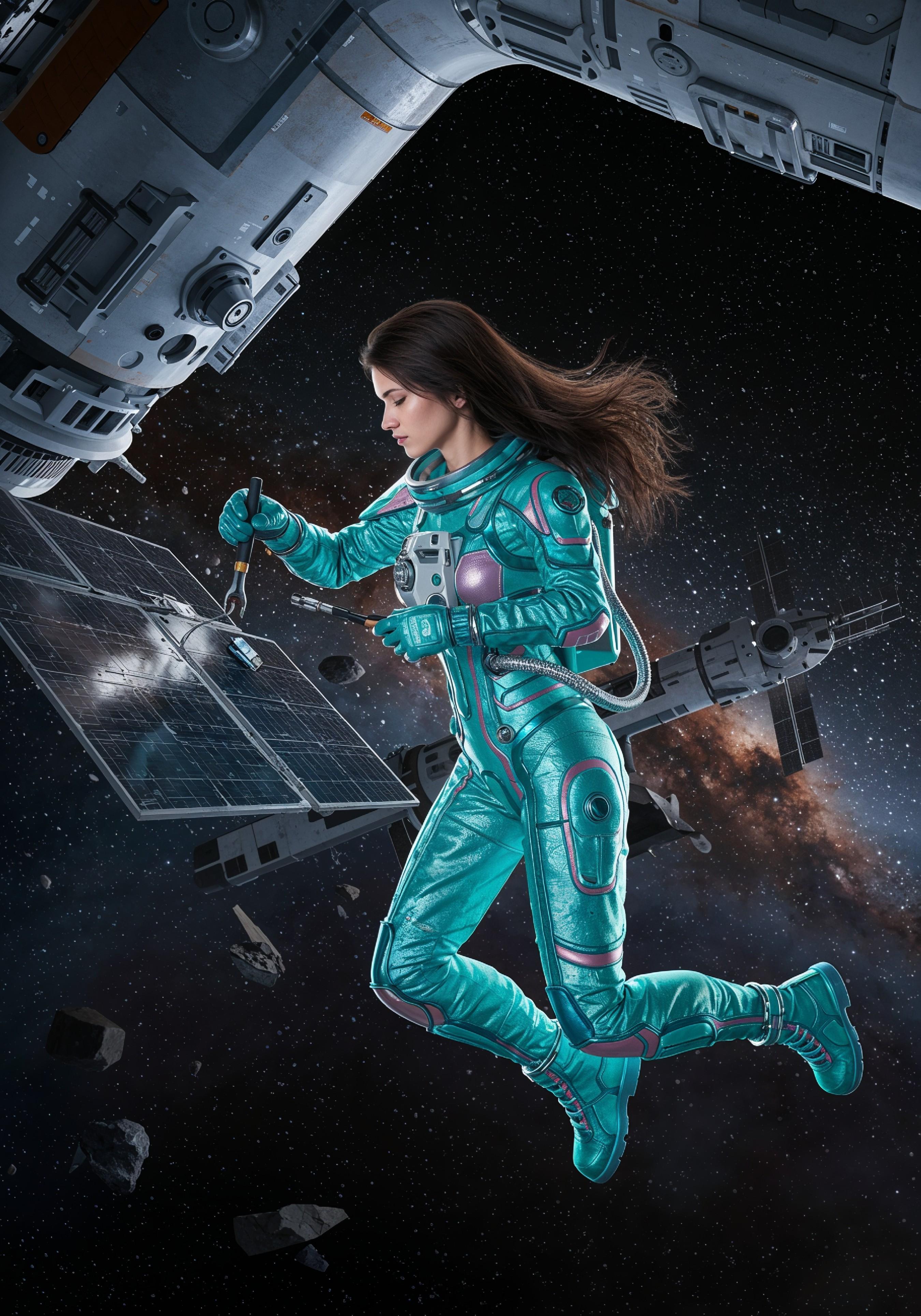Young Female Astronaut in Spacesuit Standing on Alien Planet and Lunar Surface Landscape