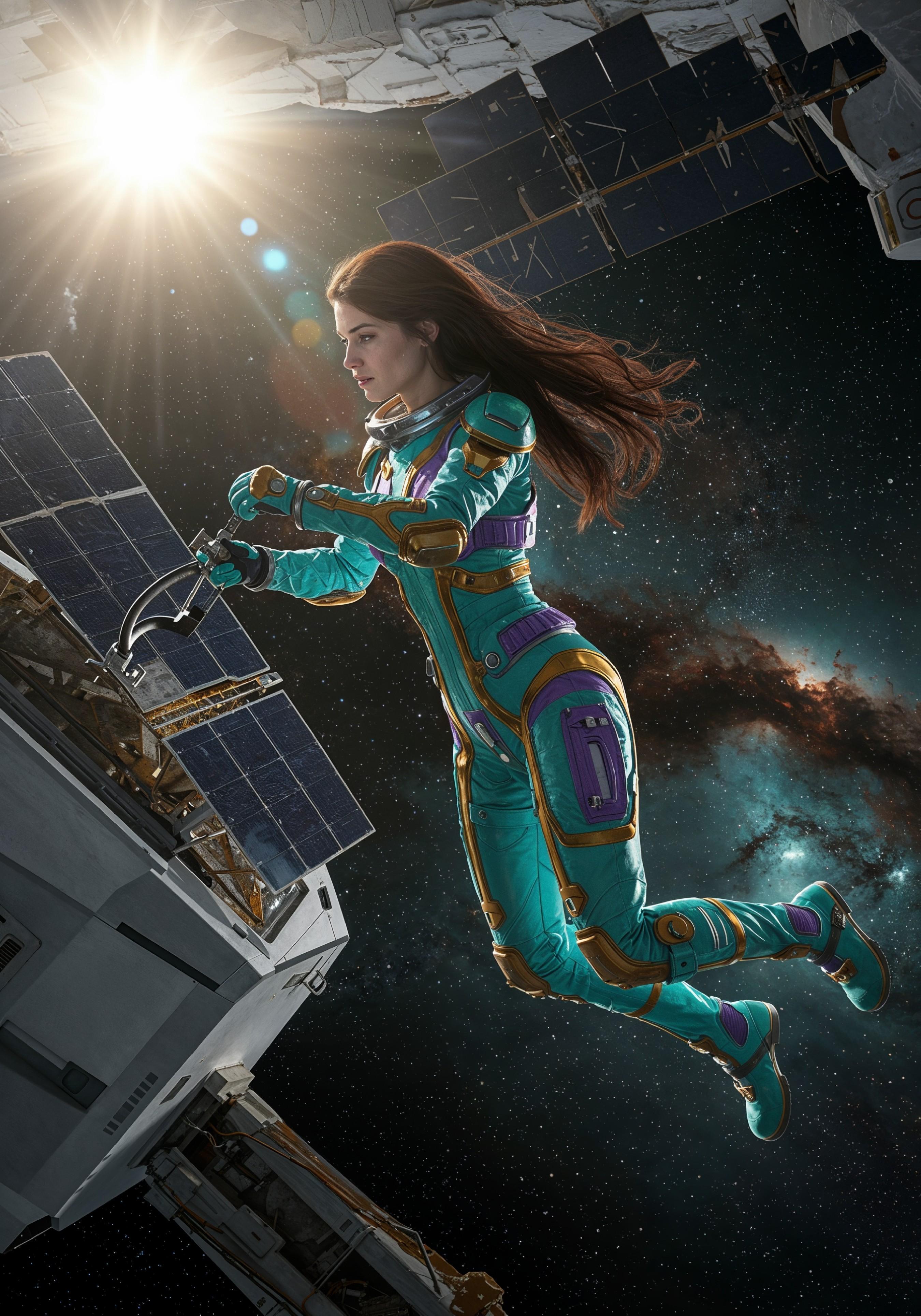 Young Female Astronaut in Spacesuit Standing on Alien Planet and Lunar Surface Landscape