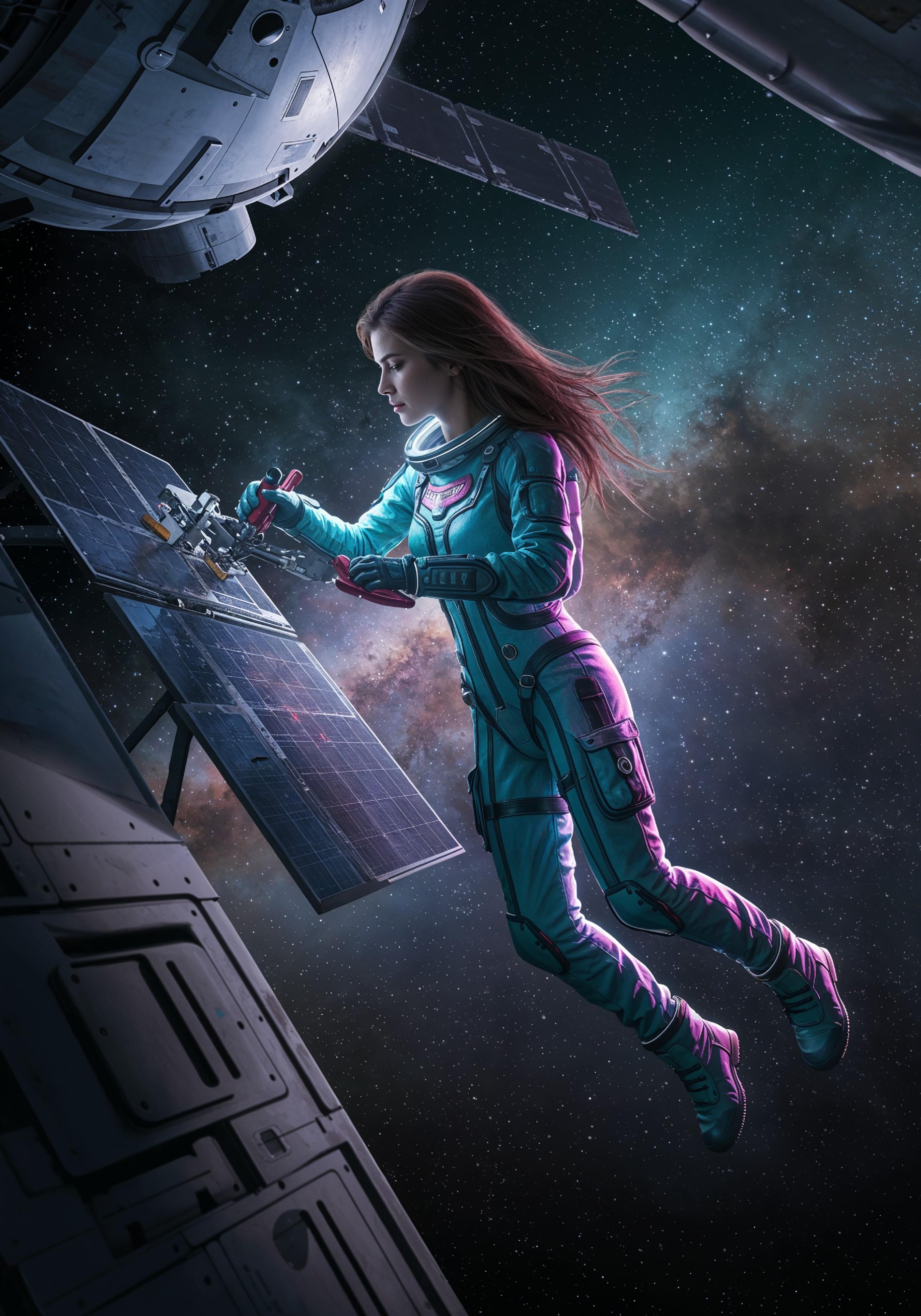 Young Female Astronaut in Spacesuit Standing on Alien Planet and Lunar Surface Landscape