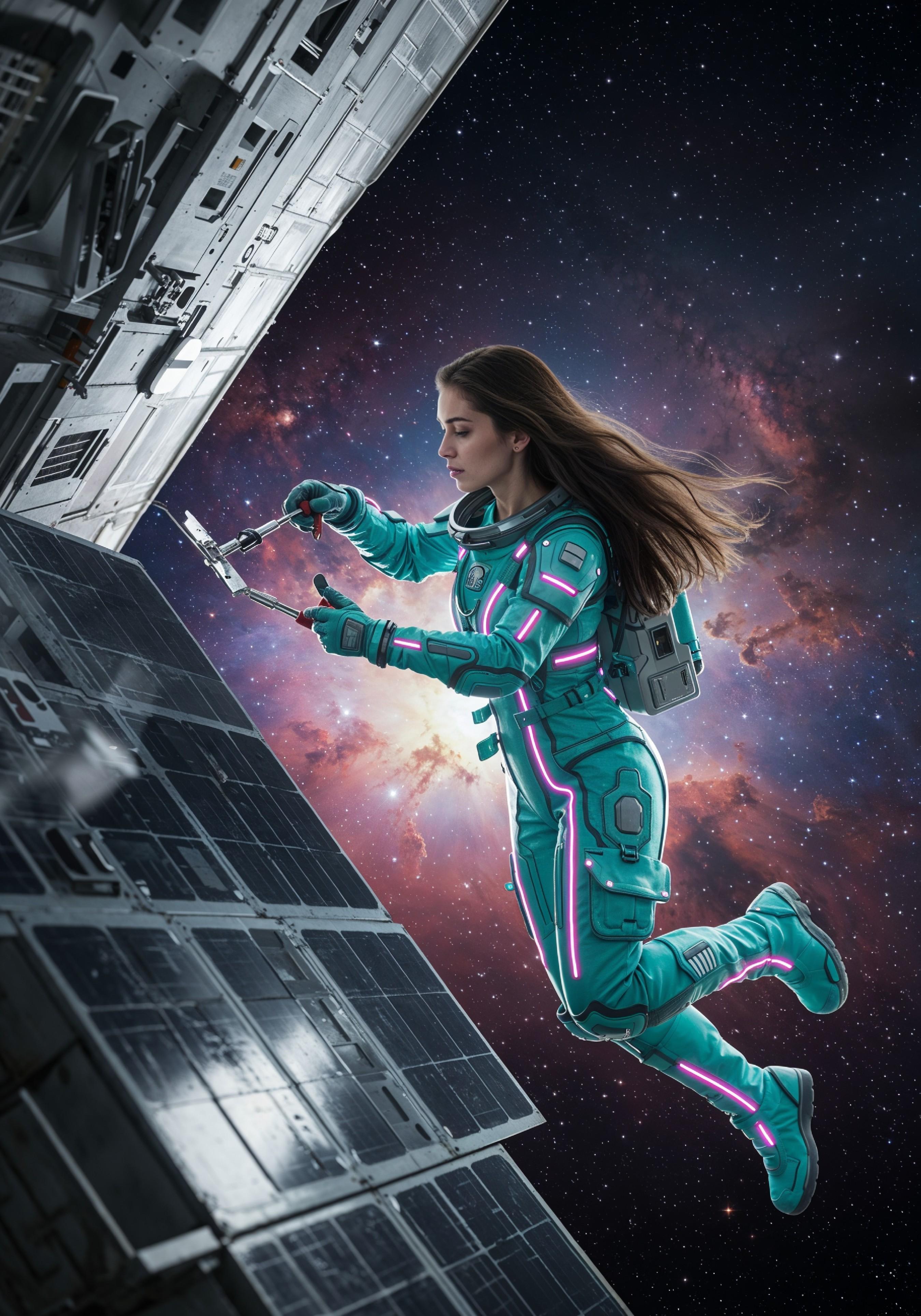 Young Female Astronaut in Spacesuit Standing on Alien Planet and Lunar Surface Landscape
