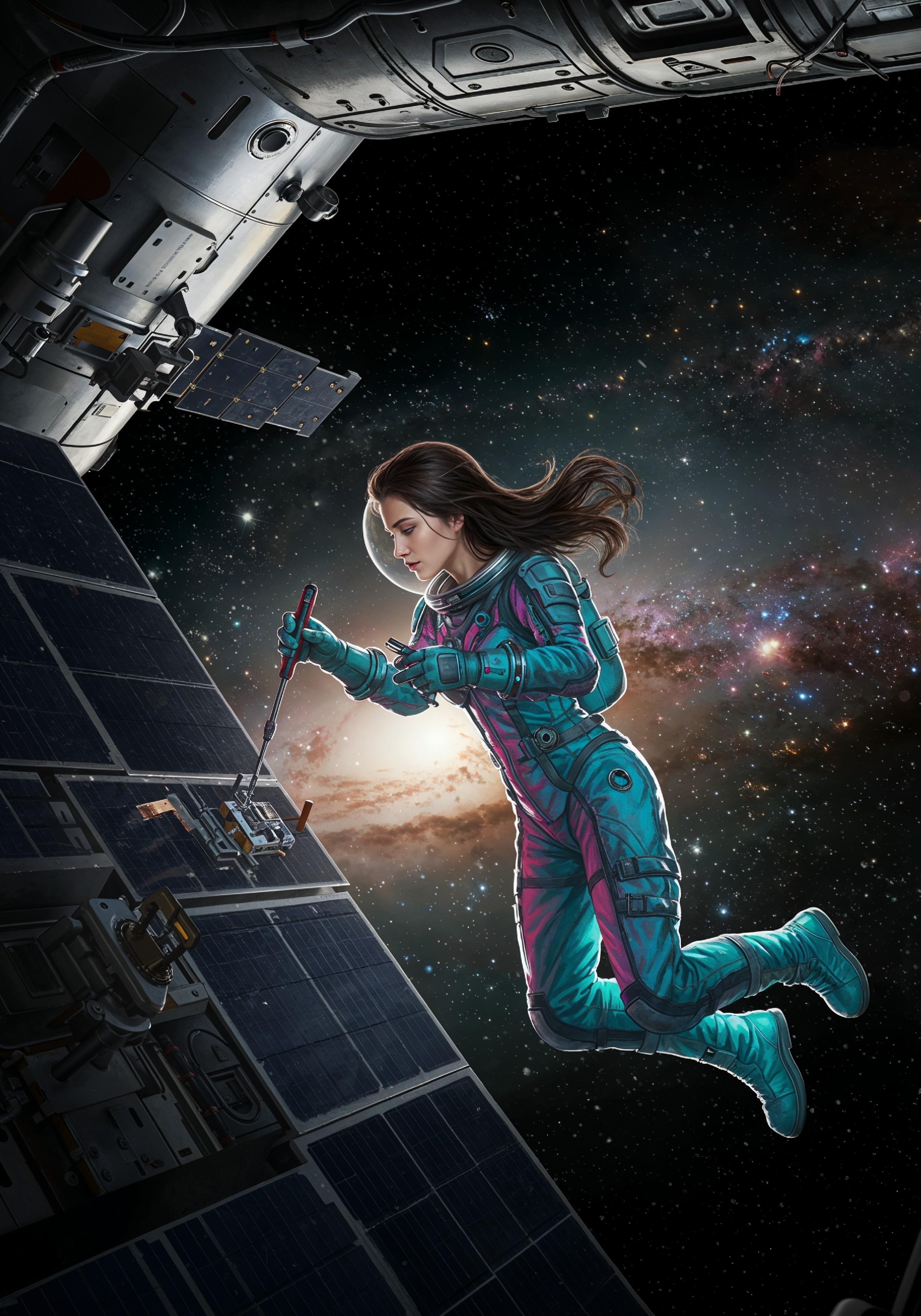 Young Female Astronaut in Spacesuit Standing on Alien Planet and Lunar Surface Landscape