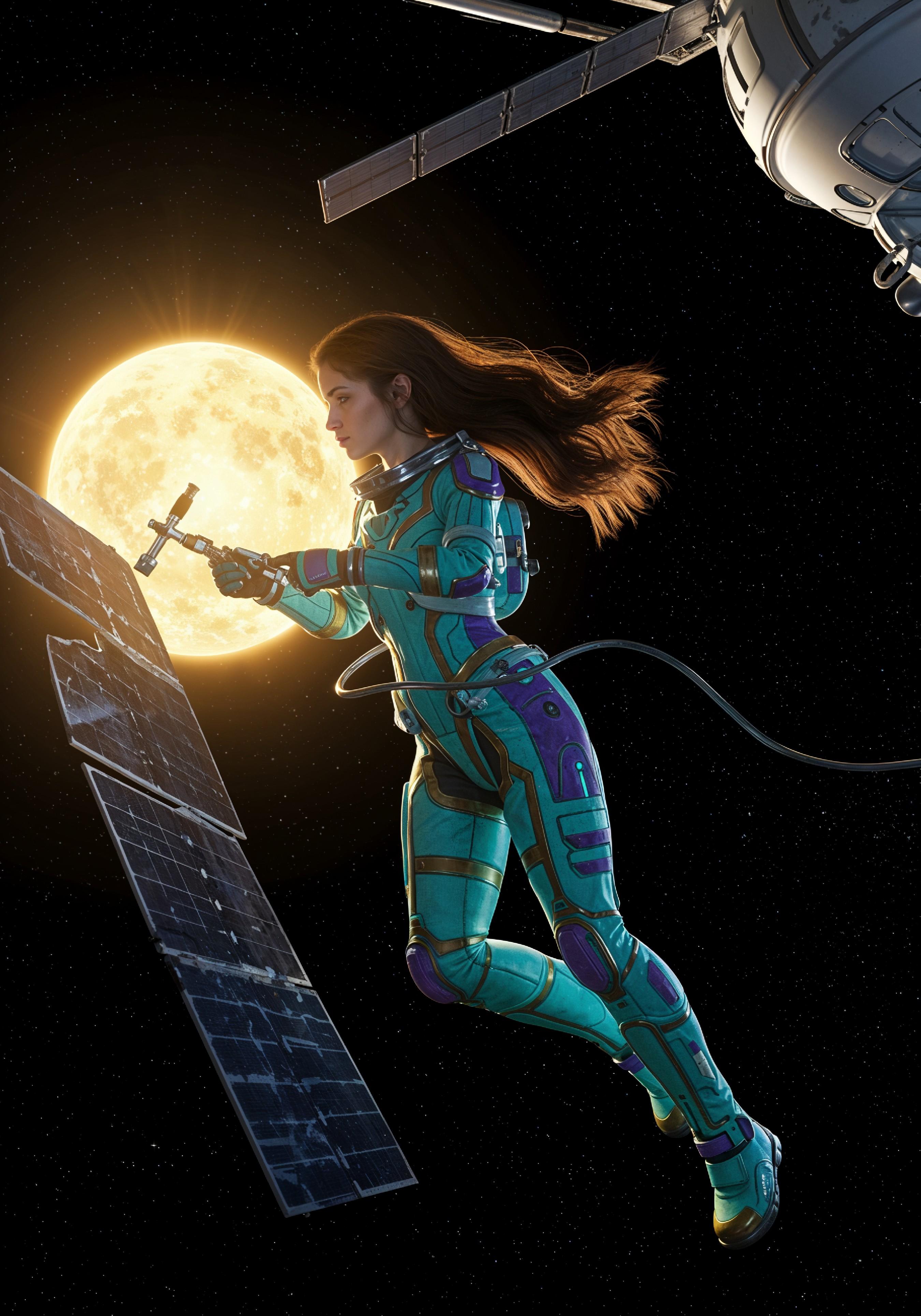 Young Female Astronaut in Spacesuit Standing on Alien Planet and Lunar Surface Landscape