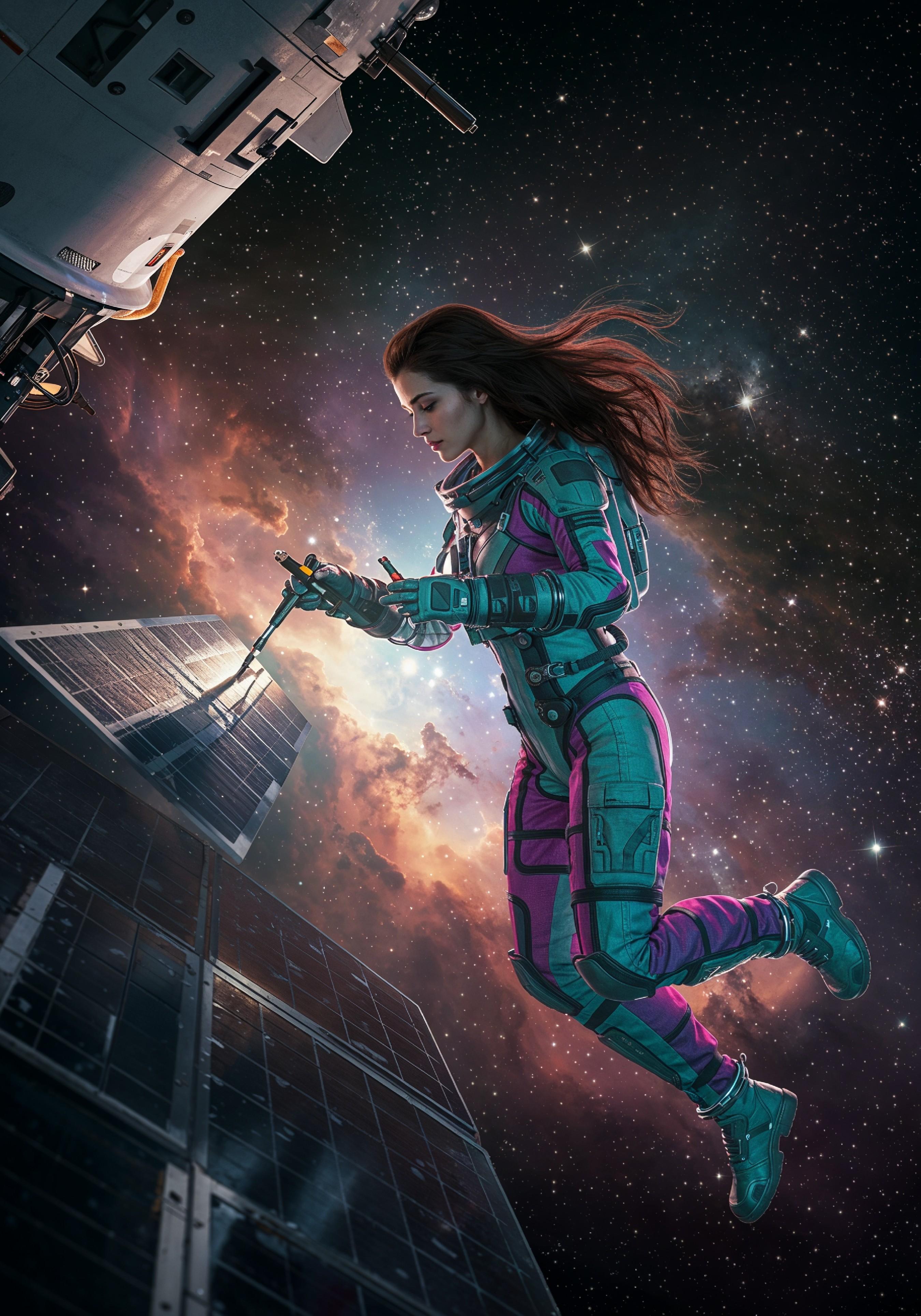 Young Female Astronaut in Spacesuit Standing on Alien Planet and Lunar Surface Landscape
