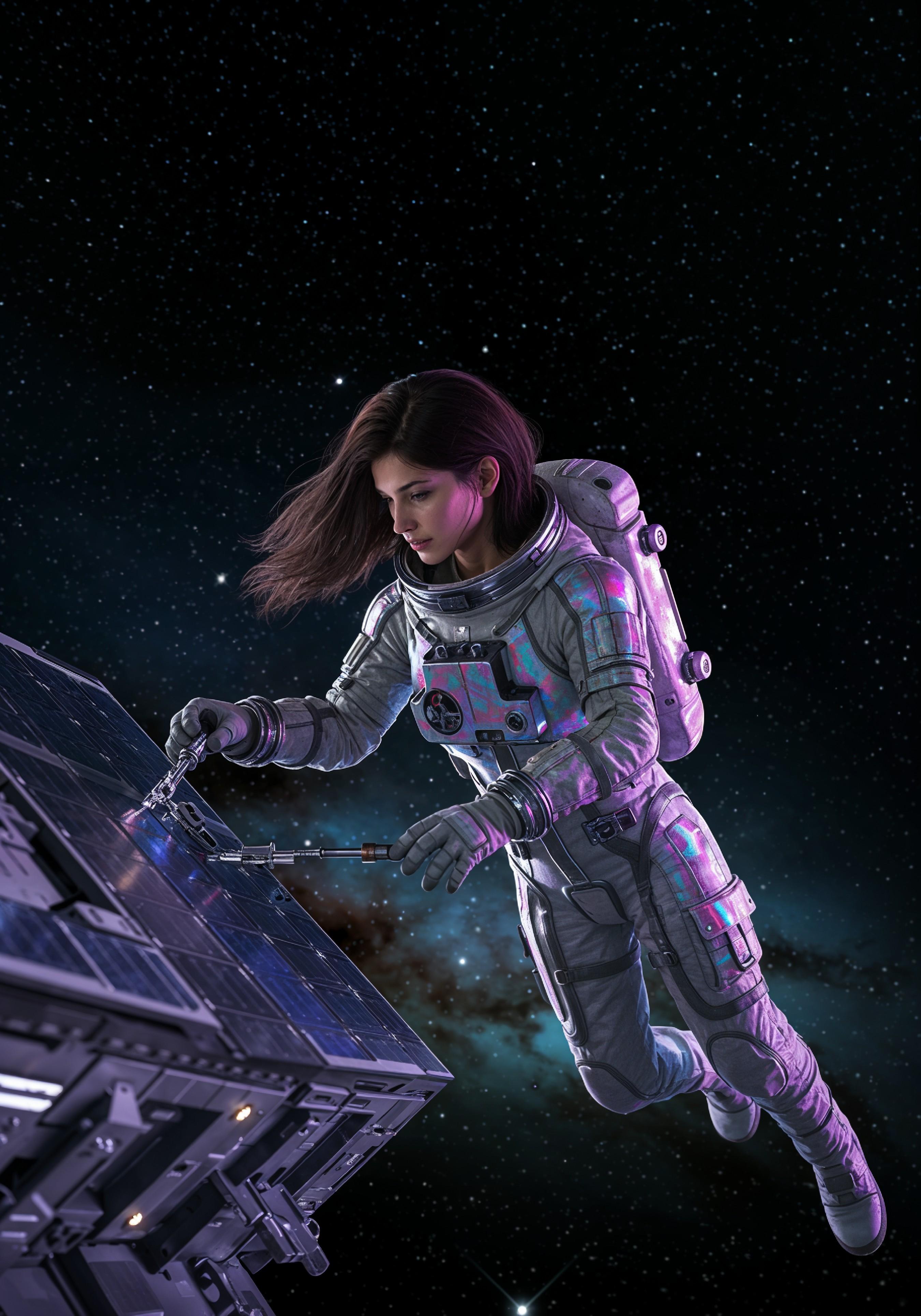 Young Female Astronaut in Spacesuit Standing on Alien Planet and Lunar Surface Landscape