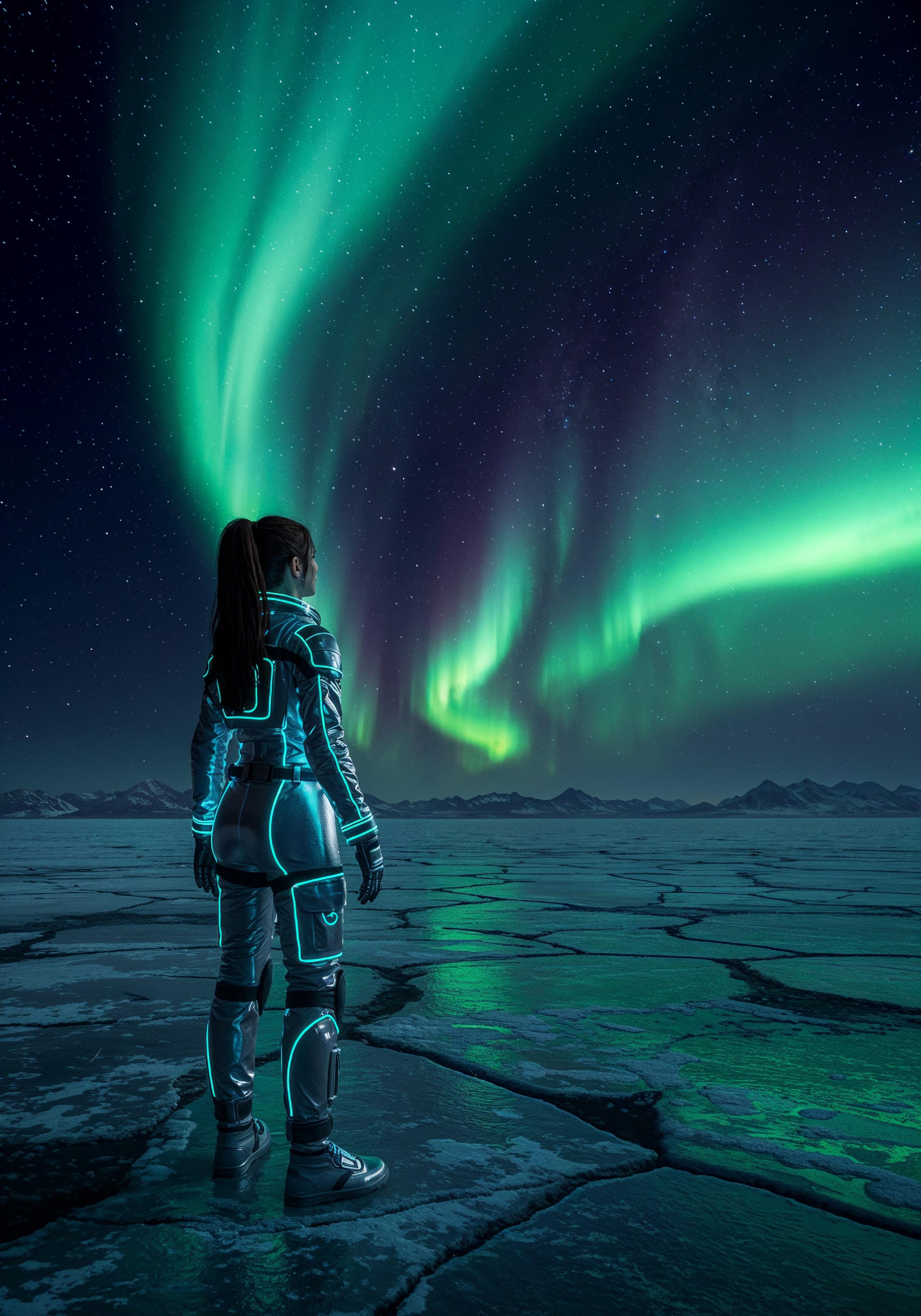 Young Female Astronaut in Spacesuit Standing on Alien Planet and Lunar Surface Landscape