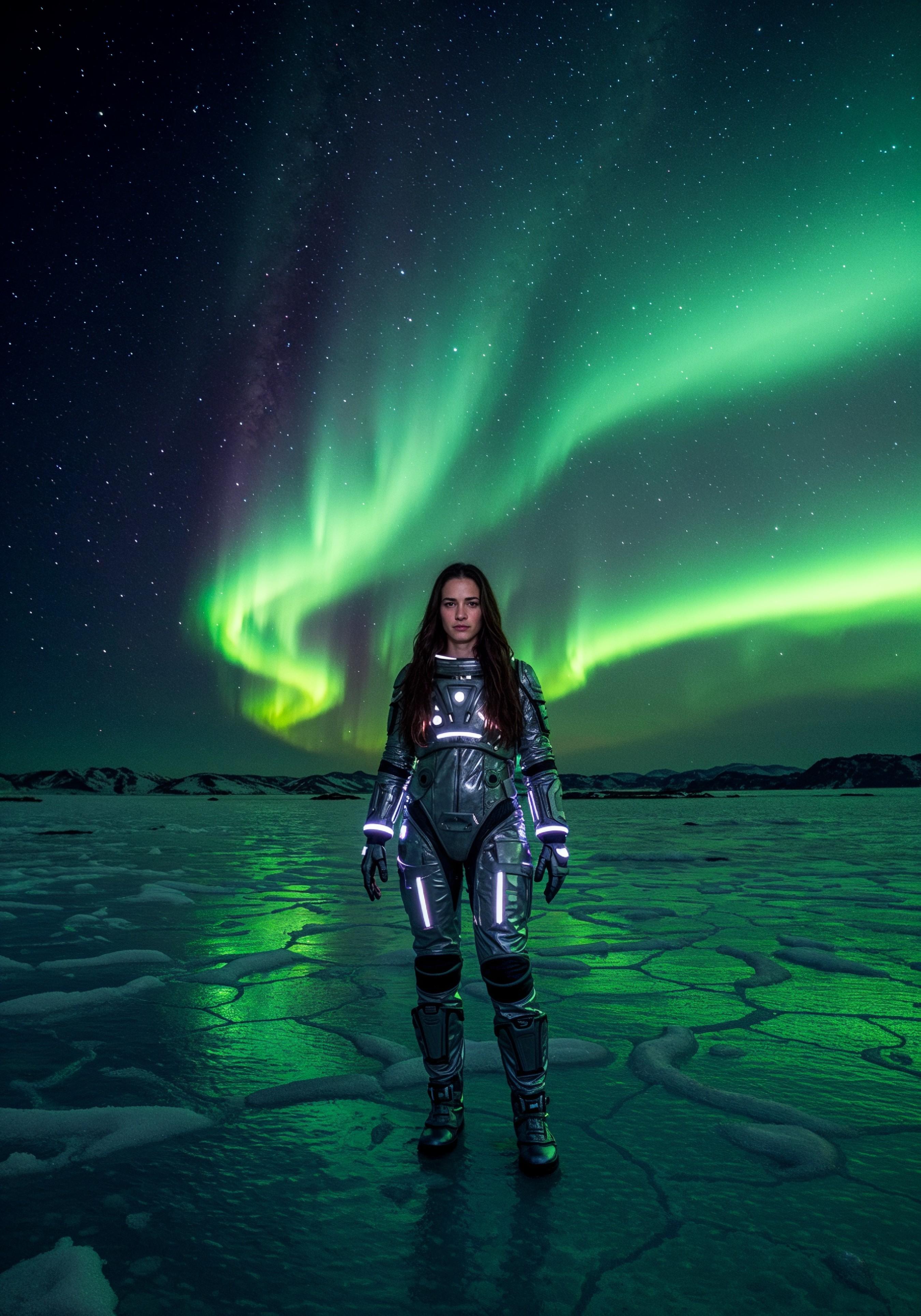Young Female Astronaut in Spacesuit Standing on Alien Planet and Lunar Surface Landscape