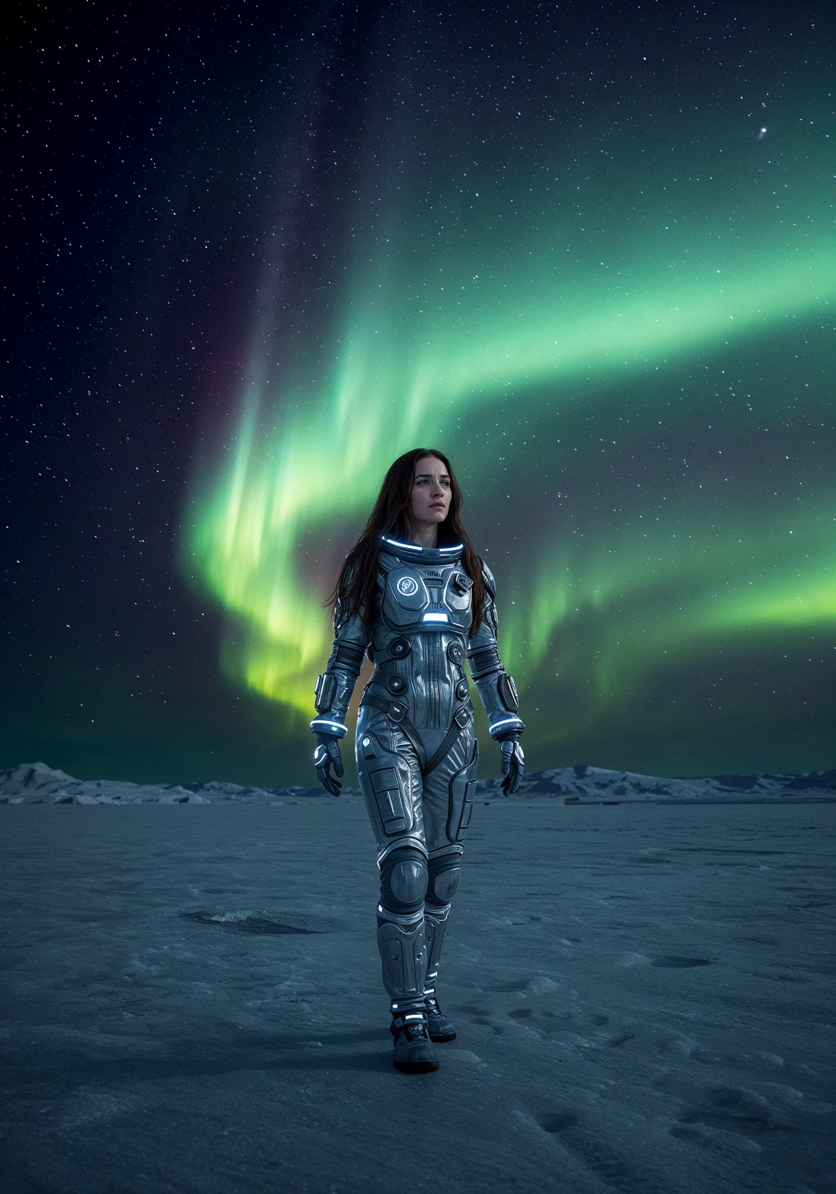 Young Female Astronaut in Spacesuit Standing on Alien Planet and Lunar Surface Landscape