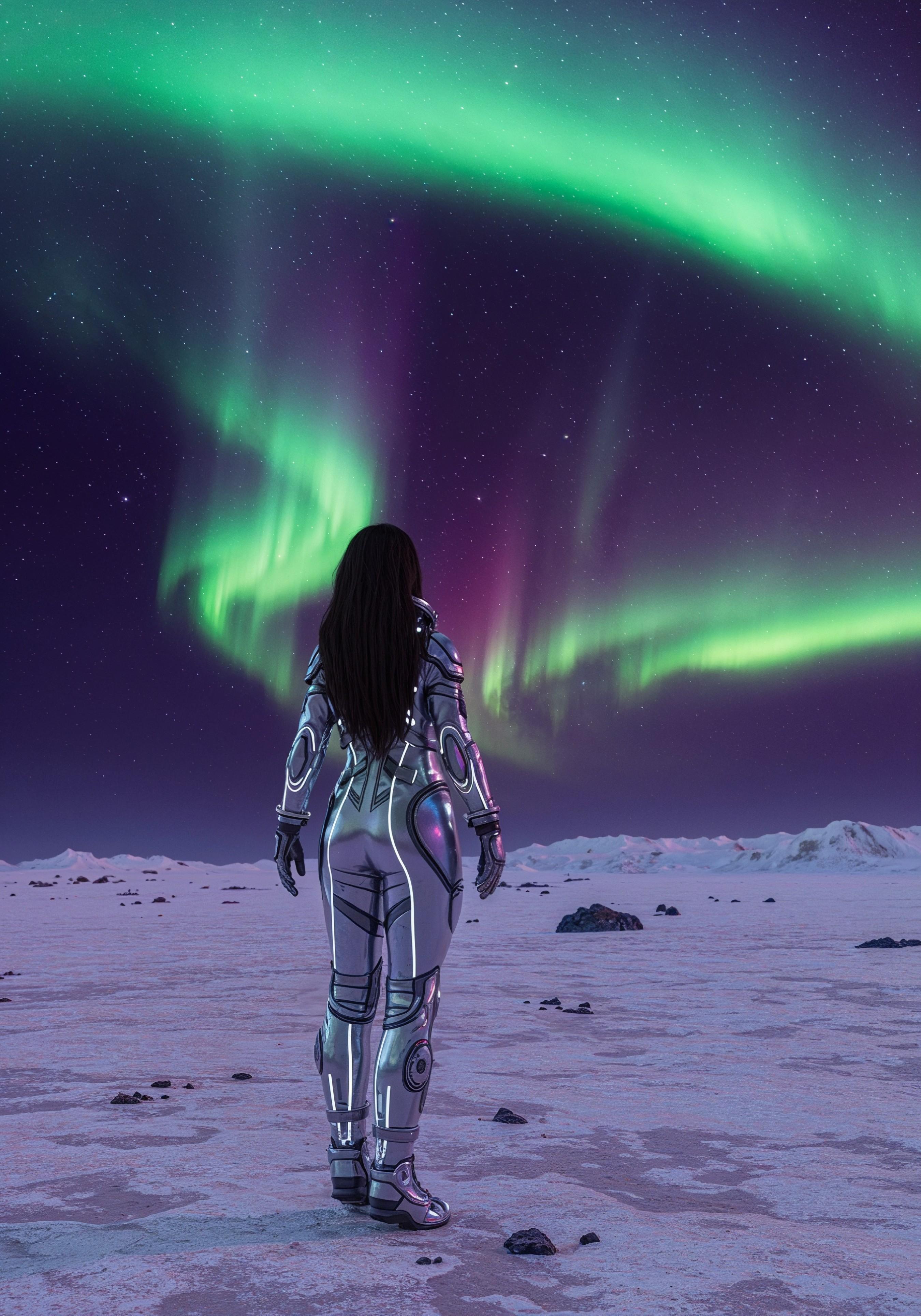 Young Female Astronaut in Spacesuit Standing on Alien Planet and Lunar Surface Landscape