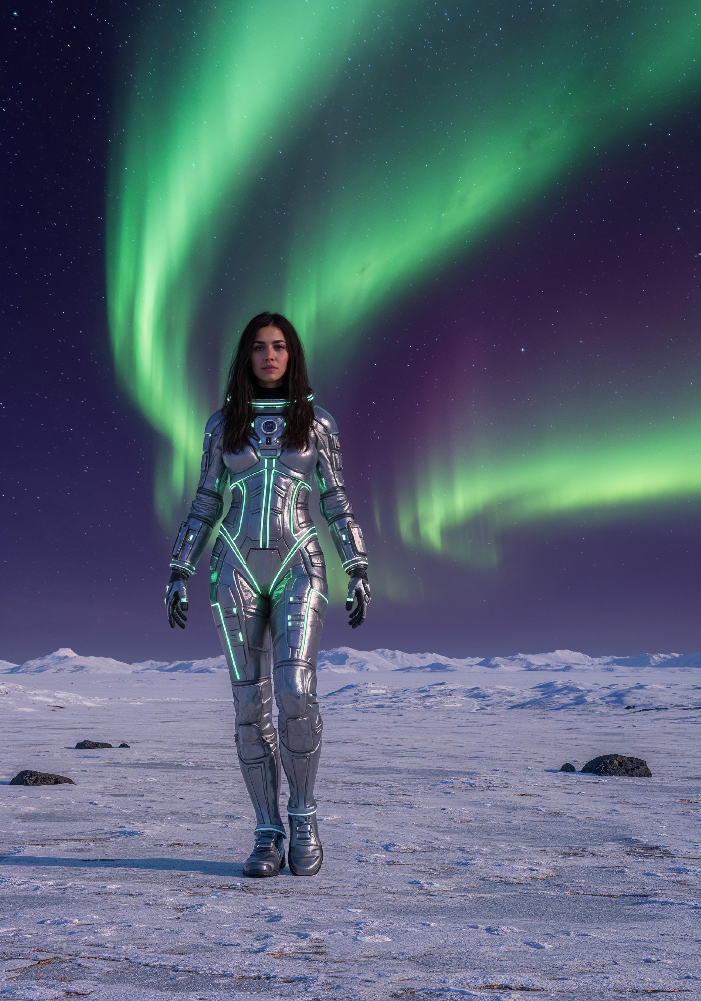 Young Female Astronaut in Spacesuit Standing on Alien Planet and Lunar Surface Landscape