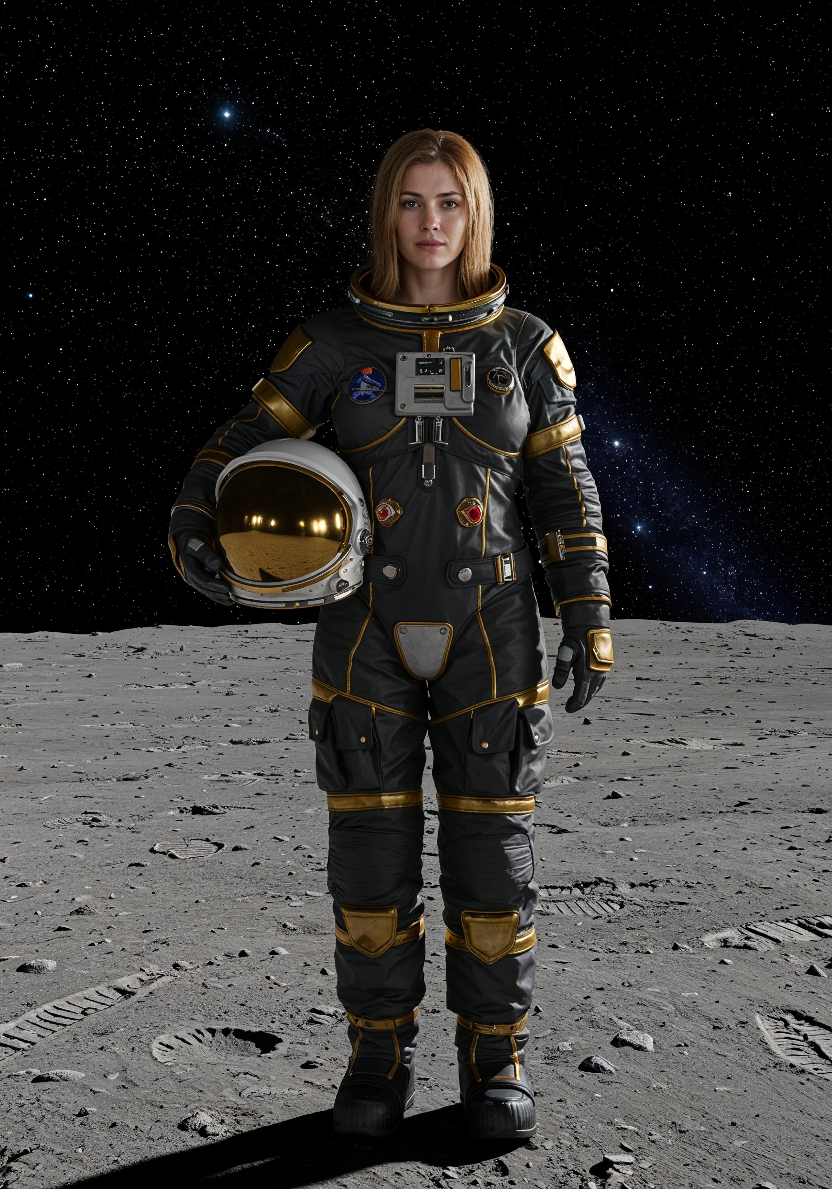 Young Female Astronaut in Spacesuit Standing on Alien Planet and Lunar Surface Landscape