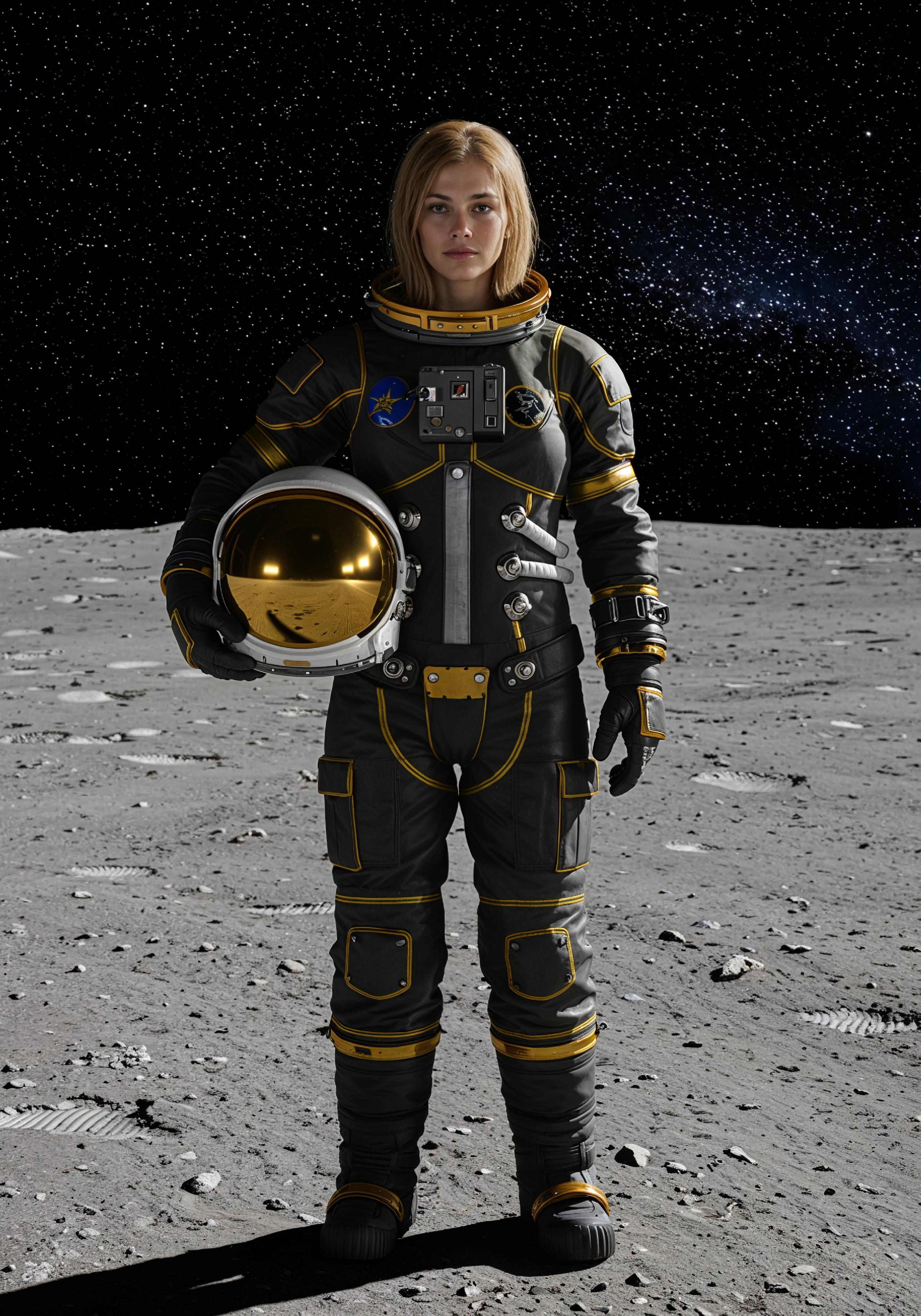 Young Female Astronaut in Spacesuit Standing on Alien Planet and Lunar Surface Landscape