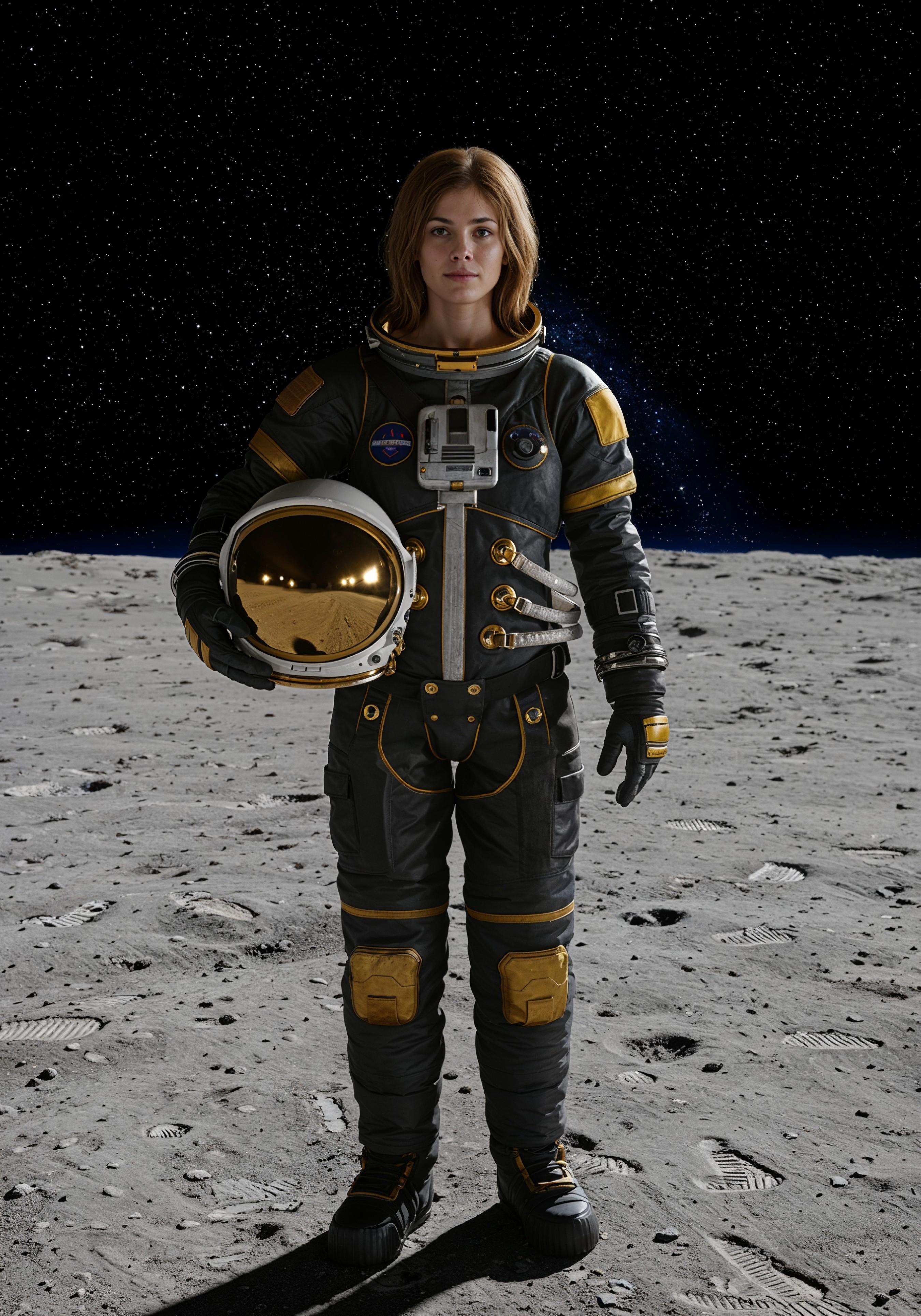 Young Female Astronaut in Spacesuit Standing on Alien Planet and Lunar Surface Landscape